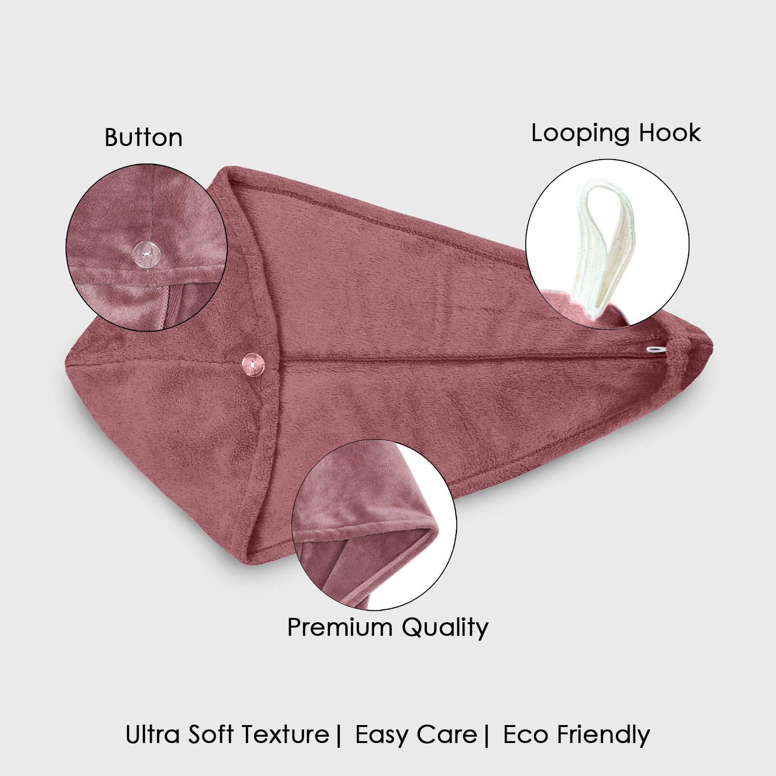 HOUSSE Microfibre Head Towels | 400 GSM High Absorbent Hair Wrap with Adjustable Buttons for Girls | Super Soft & Quick Dry Wrap Towel for Hairs | Set of 2 | 25x65 cm (Desert Sand & Rose Taupe)