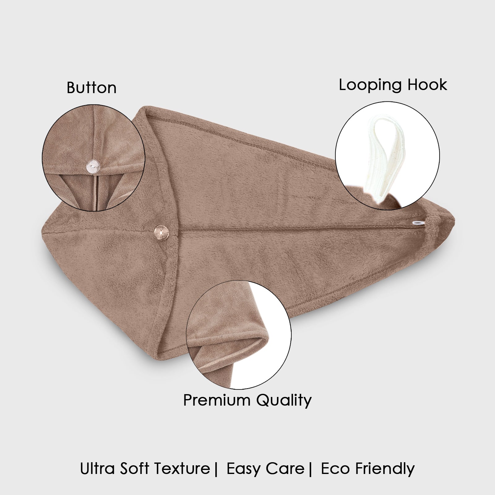 HOUSSE Microfibre Head Towels | 400 GSM High Absorbent Hair Wrap with Adjustable Buttons for Girls | Super Soft & Quick Dry Wrap Towel for Hairs | Set of 2 | 25x65 cm (Desert Sand & Rose Taupe)