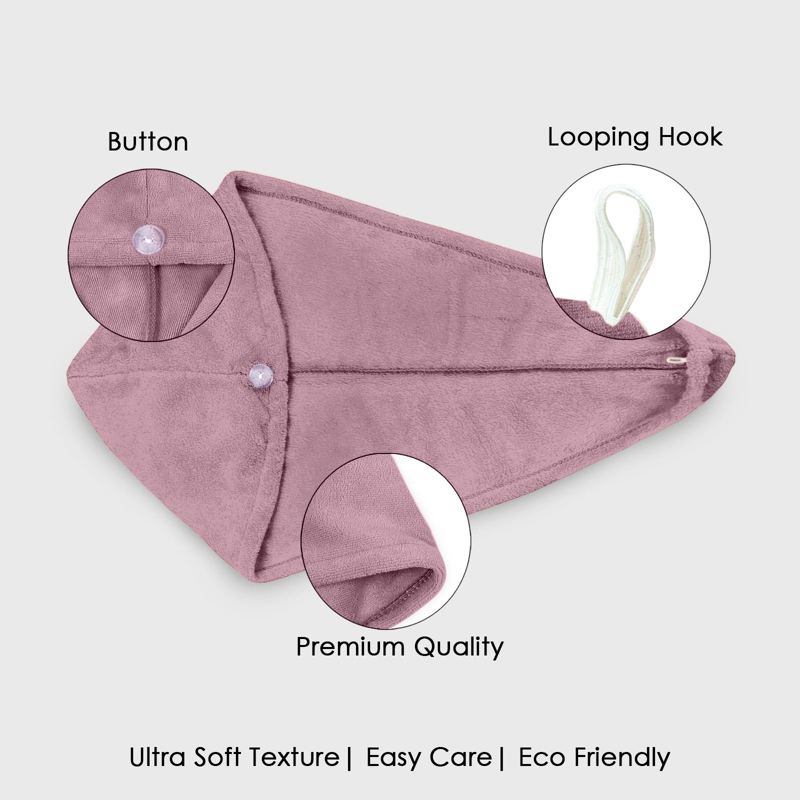 HOUSSE Microfibre Head Towels | 450 GSM High Absorbent Hair Wrap with Adjustable Buttons for Girls | Super Soft & Quick Dry Wrap Towel for Hairs | Set of 2 |