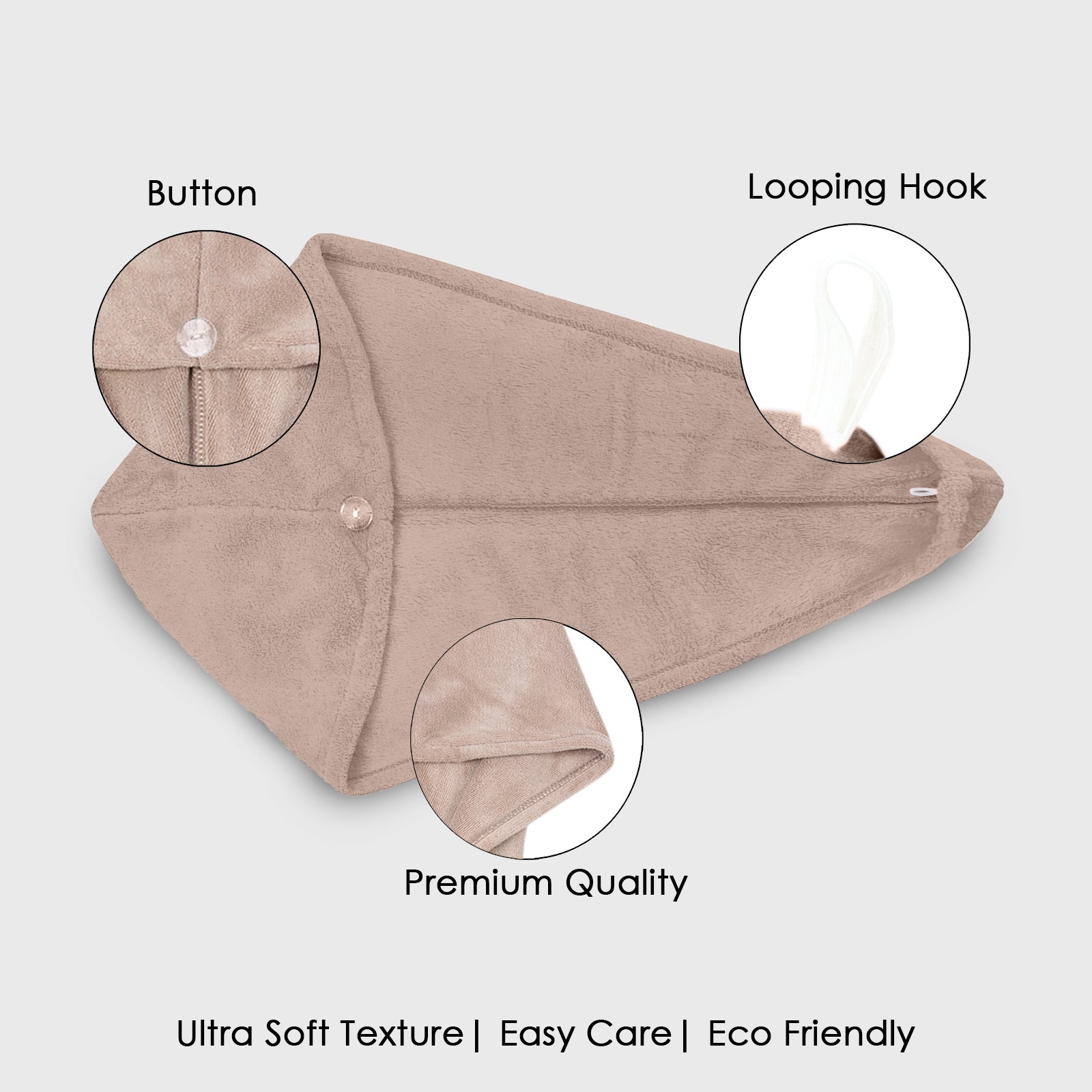 HOUSSE Microfibre Head Towels | 400 GSM High Absorbent Hair Wrap with Adjustable Buttons for Girls | Super Soft & Quick Dry Wrap Towel for Hairs | Set of 2 | 25x65 cm (Desert Sand & Rose Taupe)