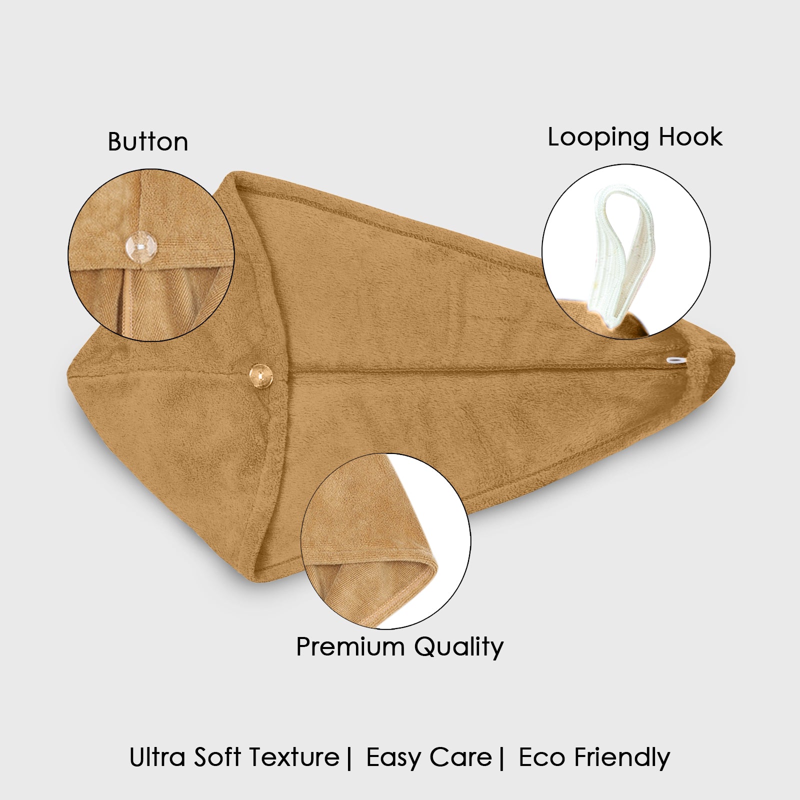 HOUSSE Microfibre Head Towels | 400 GSM High Absorbent Hair Wrap with Adjustable Buttons for Girls | Super Soft & Quick Dry Wrap Towel for Hairs | Set of 2 | 25x65 cm (Desert Sand & Rose Taupe)