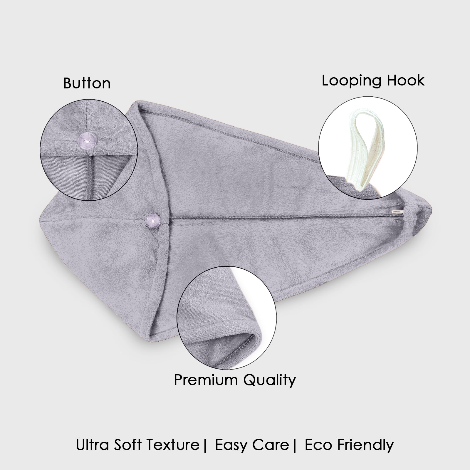 HOUSSE Microfibre Head Towels | 450 GSM High Absorbent Hair Wrap with Adjustable Buttons for Girls | Super Soft & Quick Dry Wrap Towel for Hairs | Set of 2 |