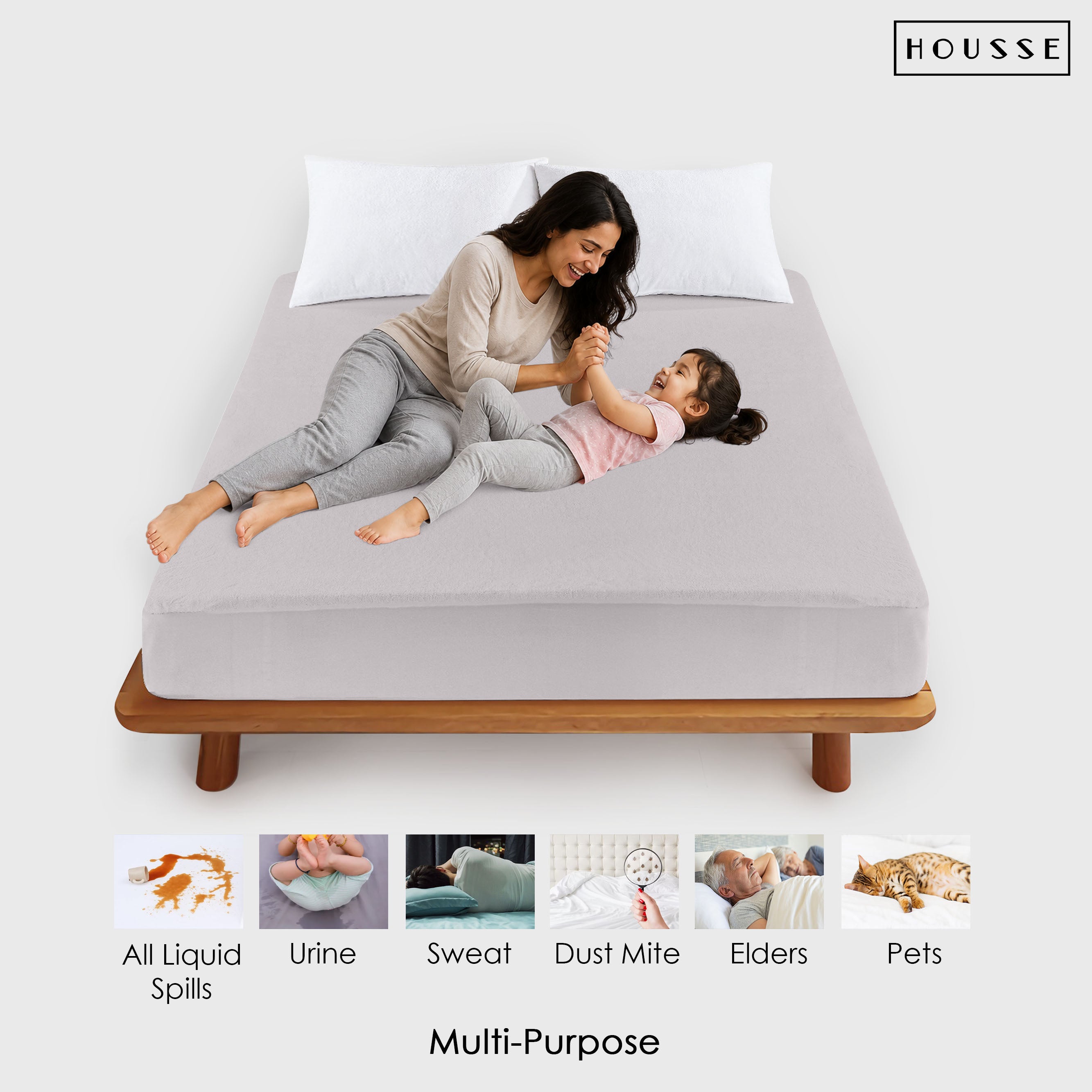 HOUSSE Water Proof Terry Cotton Feel Mattress Protector | Ultra Soft Breathable & Hypoallergenic Fitted Bed |