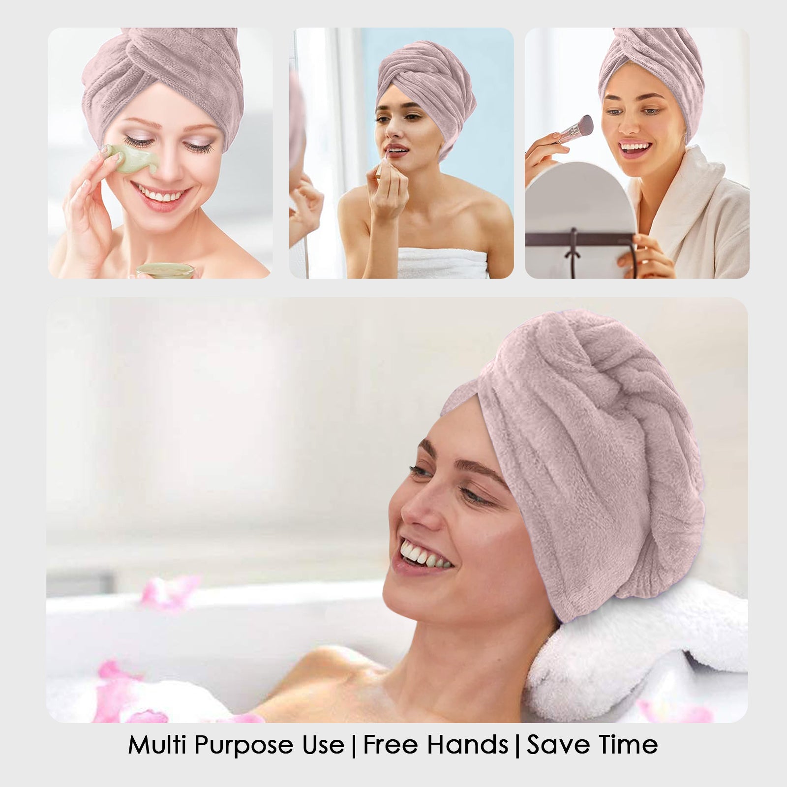 HOUSSE Microfibre Head Towels | 400 GSM High Absorbent Hair Wrap with Adjustable Buttons for Girls | Super Soft & Quick Dry Wrap Towel for Hairs | Set of 2 | 25x65 cm (Desert Sand & Rose Taupe)