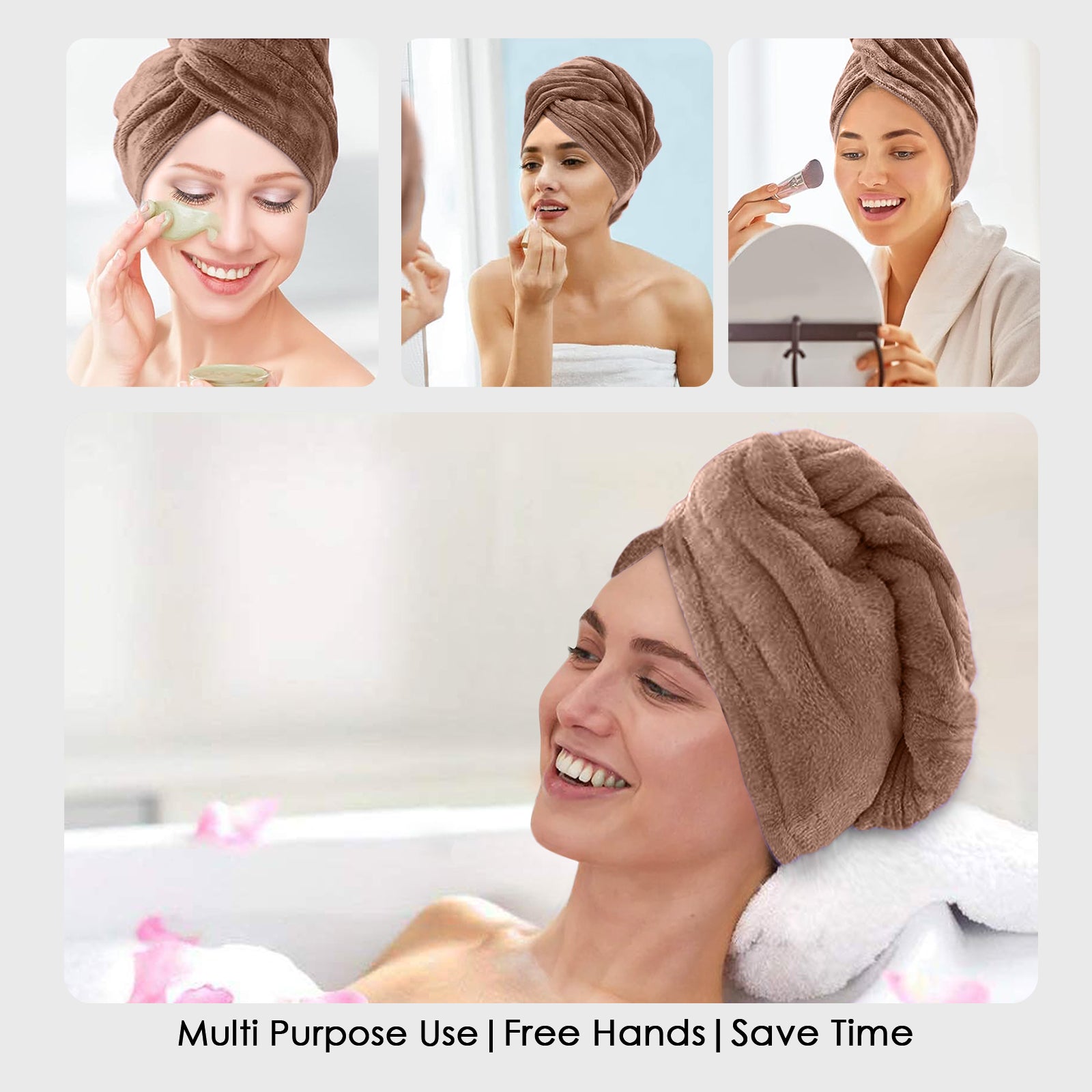 HOUSSE Microfibre Head Towels | 400 GSM High Absorbent Hair Wrap with Adjustable Buttons for Girls | Super Soft & Quick Dry Wrap Towel for Hairs | Set of 2 | 25x65 cm (Desert Sand & Rose Taupe)