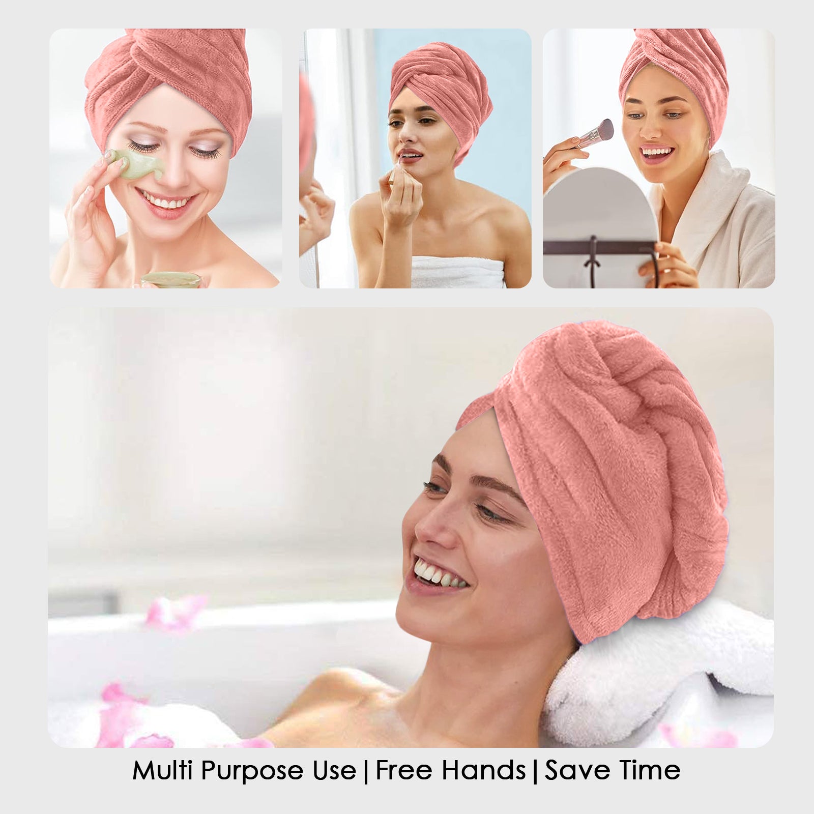 HOUSSE Microfibre Head Towels | 400 GSM High Absorbent Hair Wrap with Adjustable Buttons for Girls | Super Soft & Quick Dry Wrap Towel for Hairs | Set of 2 | 25x65 cm (Desert Sand & Rose Taupe)