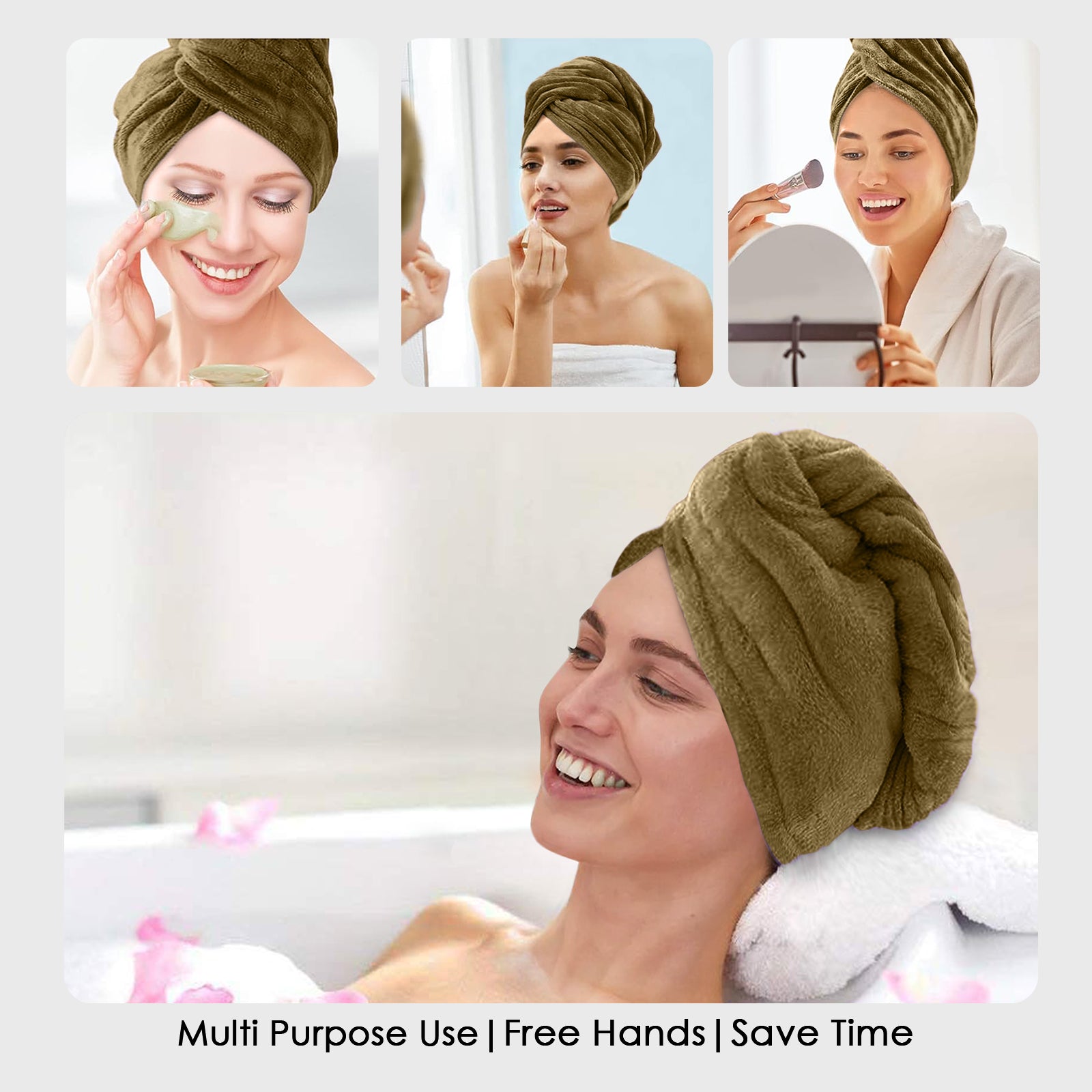 HOUSSE Microfibre Head Towels | 400 GSM High Absorbent Hair Wrap with Adjustable Buttons for Girls | Super Soft & Quick Dry Wrap Towel for Hairs | Set of 2 | 25x65 cm (Desert Sand & Rose Taupe)