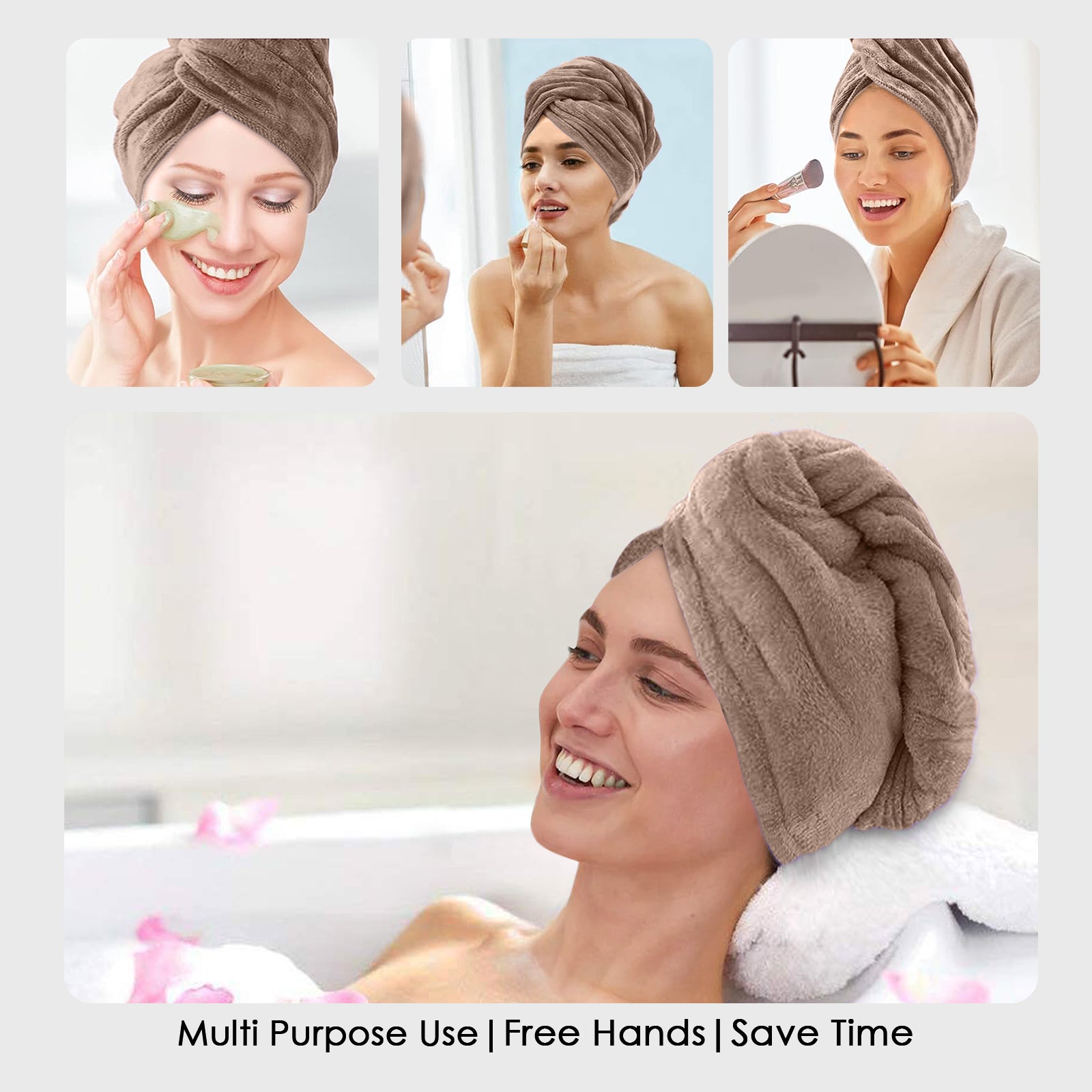 HOUSSE Microfibre Head Towels | 400 GSM High Absorbent Hair Wrap with Adjustable Buttons for Girls | Super Soft & Quick Dry Wrap Towel for Hairs | Set of 2 | 25x65 cm (Desert Sand & Rose Taupe)