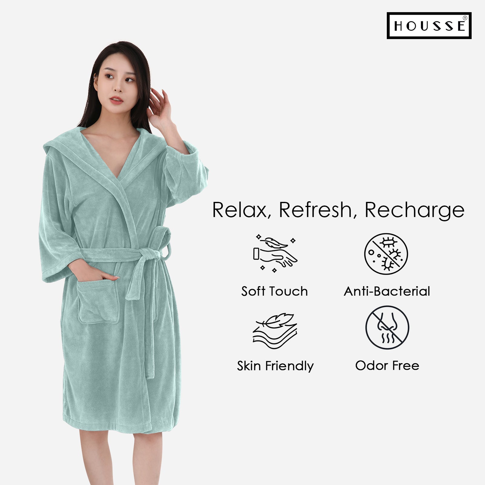 HOUSSE Bathrobe | 450 GSM Microfiber Bathrobe For Women & Men | Super Soft Bathrobe With Hoodie And Belt | Highly Absorbent, Lightweight & Warm | 102 cm Long | Size-L | Pack of 1