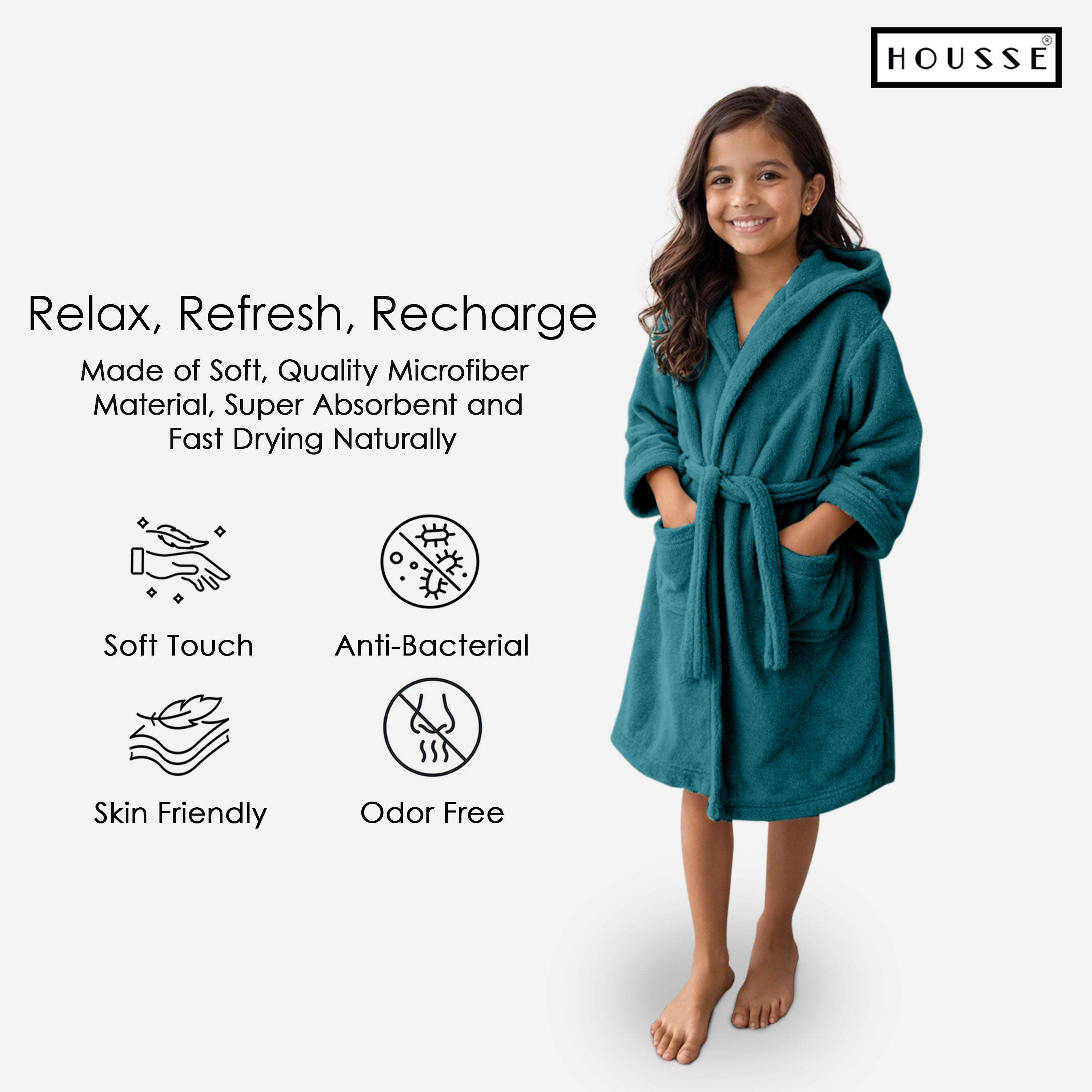 HOUSSE Bathrobe | 450 GSM Microfiber Solid Bathrobes for Kids | Solid Bathrobes, Highly Absorbent, Super Soft Bathrobe With Hoodie And Belt | Lightweight & Warm | 102 cm Long | Size-L | Pack of 1