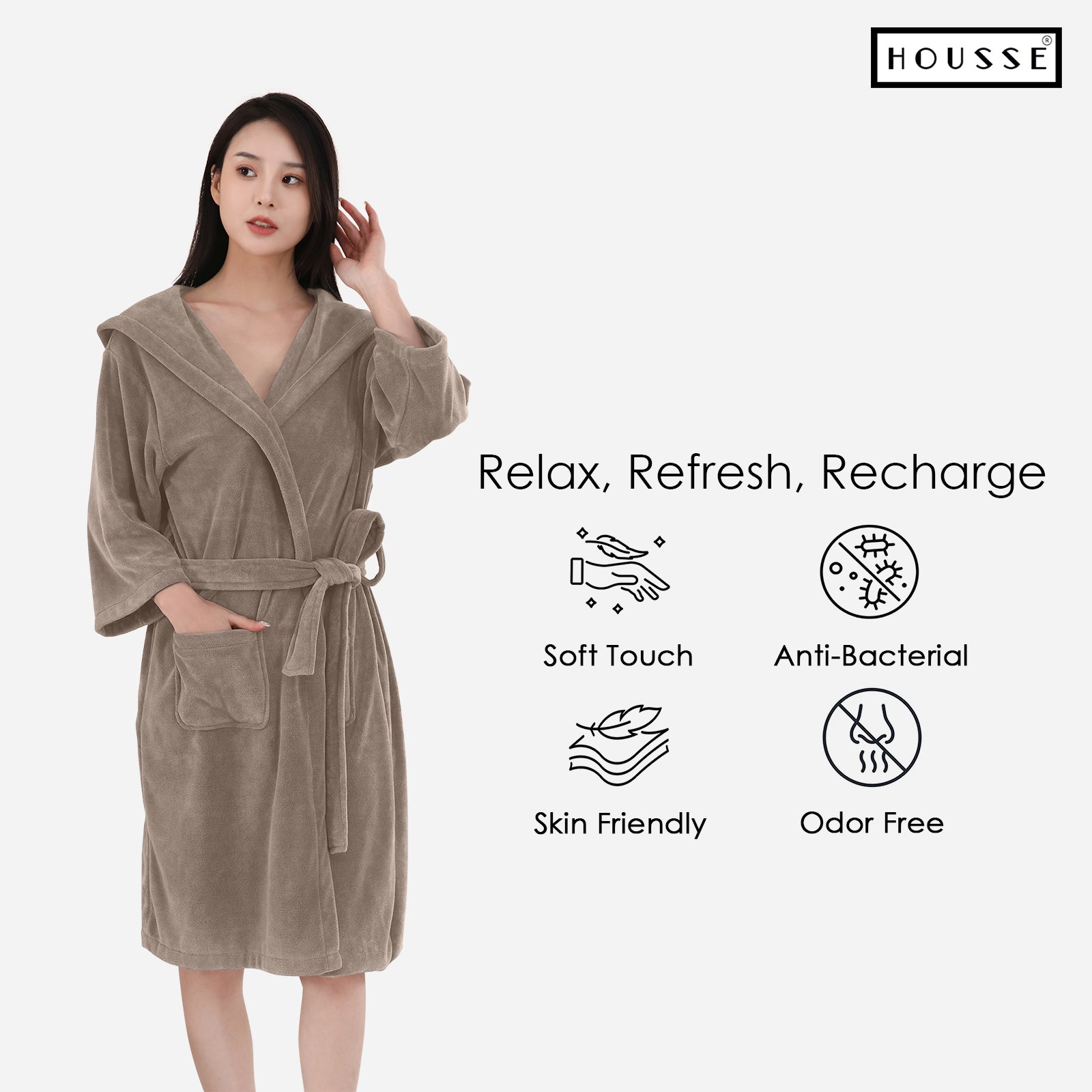 HOUSSE Bathrobe | 450 GSM Microfiber Bathrobe For Women & Men | Super Soft Bathrobe With Hoodie And Belt | Highly Absorbent, Lightweight & Warm | 102 cm Long | Size-L | Pack of 1