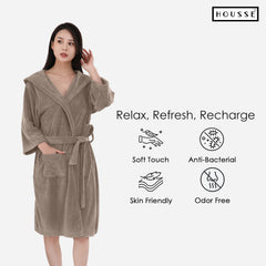 HOUSSE Bathrobe | 450 GSM Microfiber Bathrobe For Women & Men | Super Soft Bathrobe With Hoodie And Belt | Highly Absorbent, Lightweight & Warm | 102 cm Long | Size-L | Pack of 1