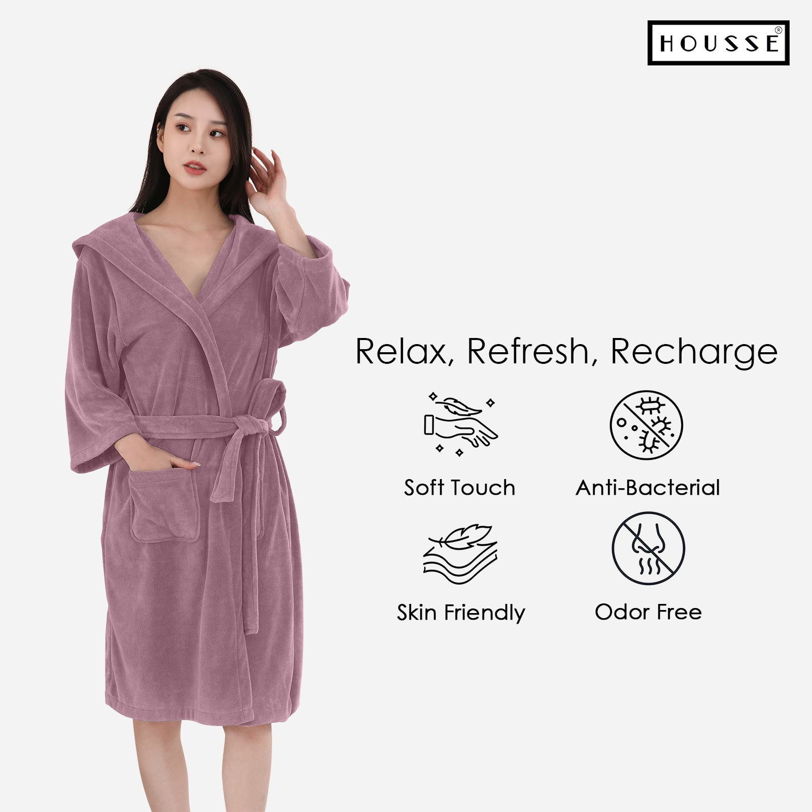 HOUSSE Bathrobe | 450 GSM Microfiber Bathrobe For Women & Men | Super Soft Bathrobe With Hoodie And Belt | Highly Absorbent, Lightweight & Warm | 102 cm Long | Size-L | Pack of 1