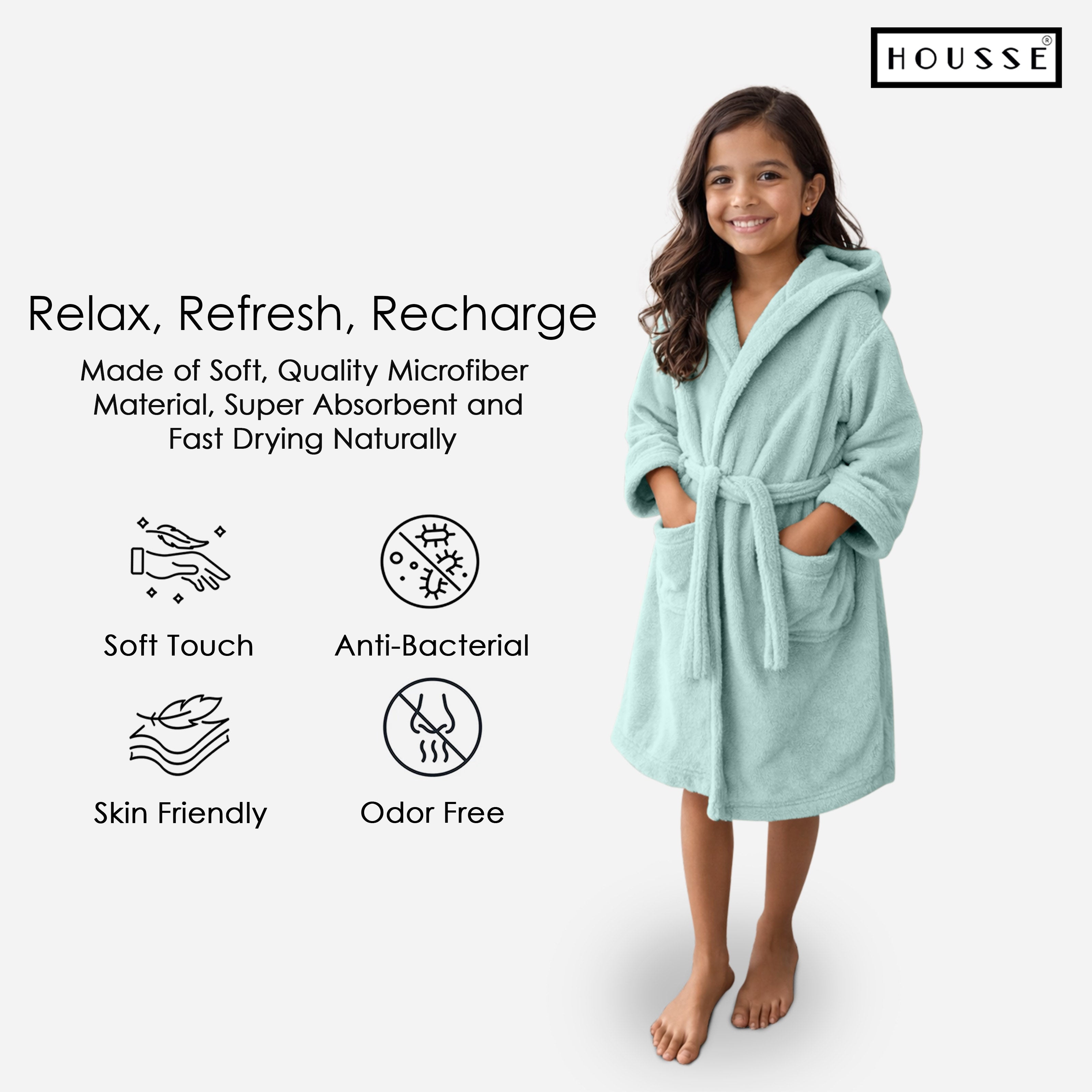HOUSSE Bathrobe | 450 GSM Microfiber Solid Bathrobes for Kids | Solid Bathrobes, Highly Absorbent, Super Soft Bathrobe With Hoodie And Belt | Lightweight & Warm | 102 cm Long | Size-L | Pack of 1