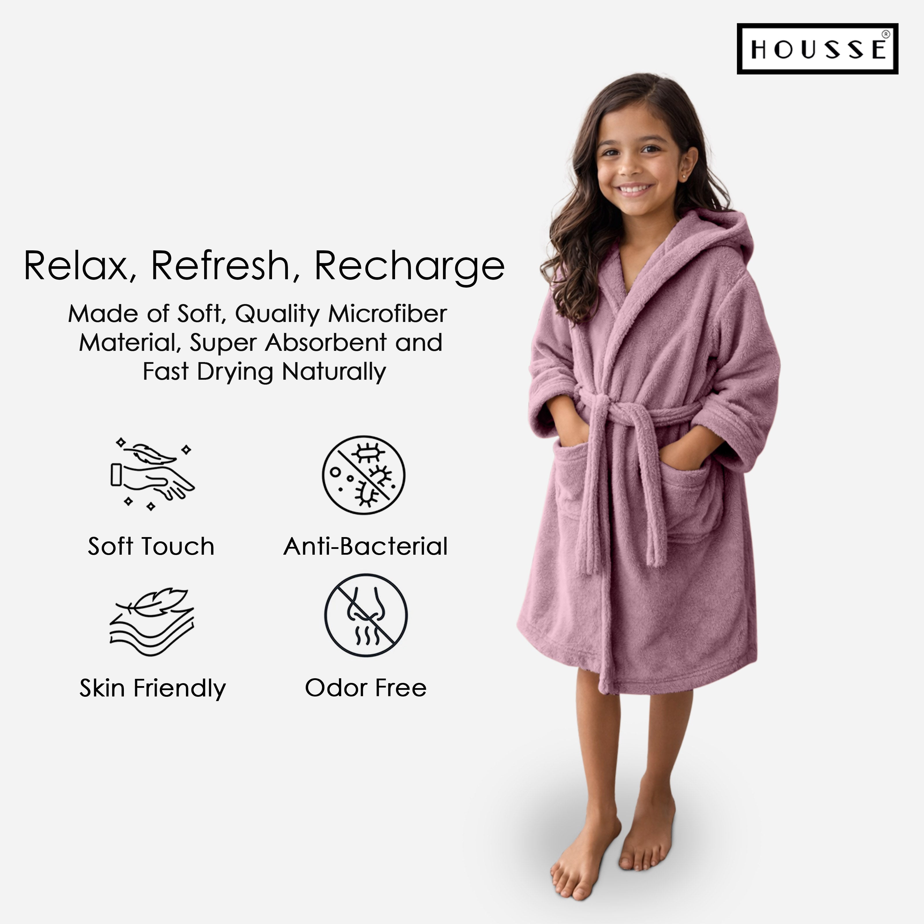 HOUSSE Bathrobe | 450 GSM Microfiber Solid Bathrobes for Kids | Solid Bathrobes, Highly Absorbent, Super Soft Bathrobe With Hoodie And Belt | Lightweight & Warm | 102 cm Long | Size-L | Pack of 1