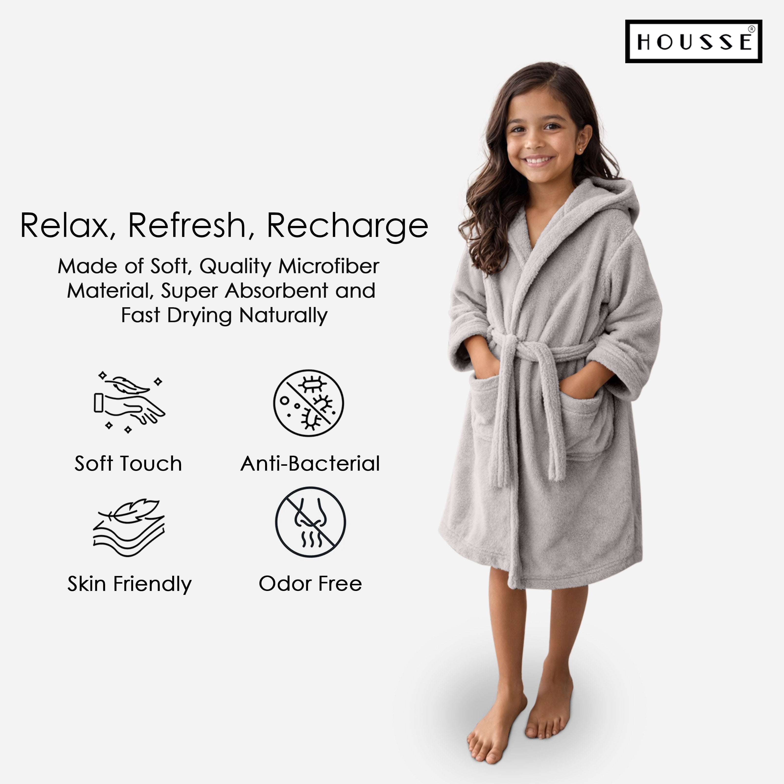 HOUSSE Bathrobe | 450 GSM Microfiber Solid Bathrobes for Kids | Solid Bathrobes, Highly Absorbent, Super Soft Bathrobe With Hoodie And Belt | Lightweight & Warm | 102 cm Long | Size-L | Pack of 1