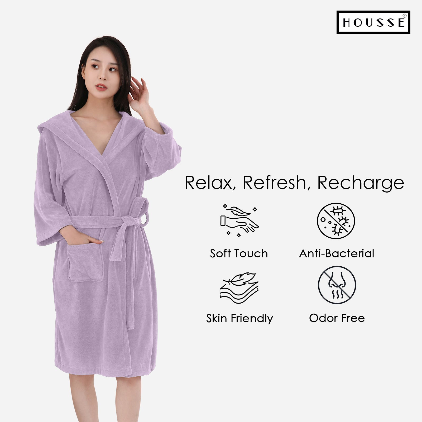 HOUSSE Bathrobe | 450 GSM Microfiber Bathrobe For Women & Men | Super Soft Bathrobe With Hoodie And Belt | Highly Absorbent, Lightweight & Warm | 102 cm Long | Size-L | Pack of 1