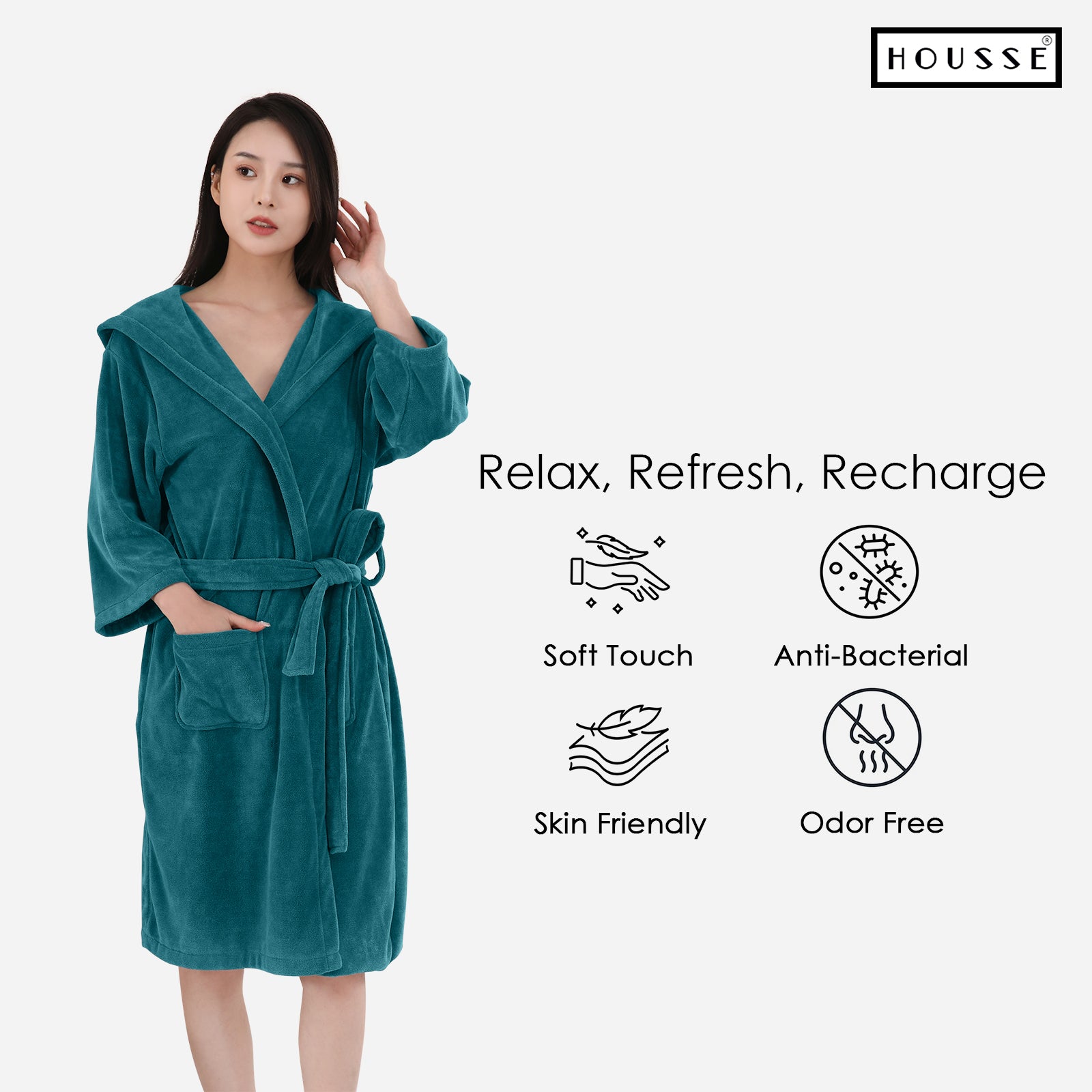 HOUSSE Bathrobe | 450 GSM Microfiber Bathrobe For Women & Men | Super Soft Bathrobe With Hoodie And Belt | Highly Absorbent, Lightweight & Warm | 102 cm Long | Size-L | Pack of 1