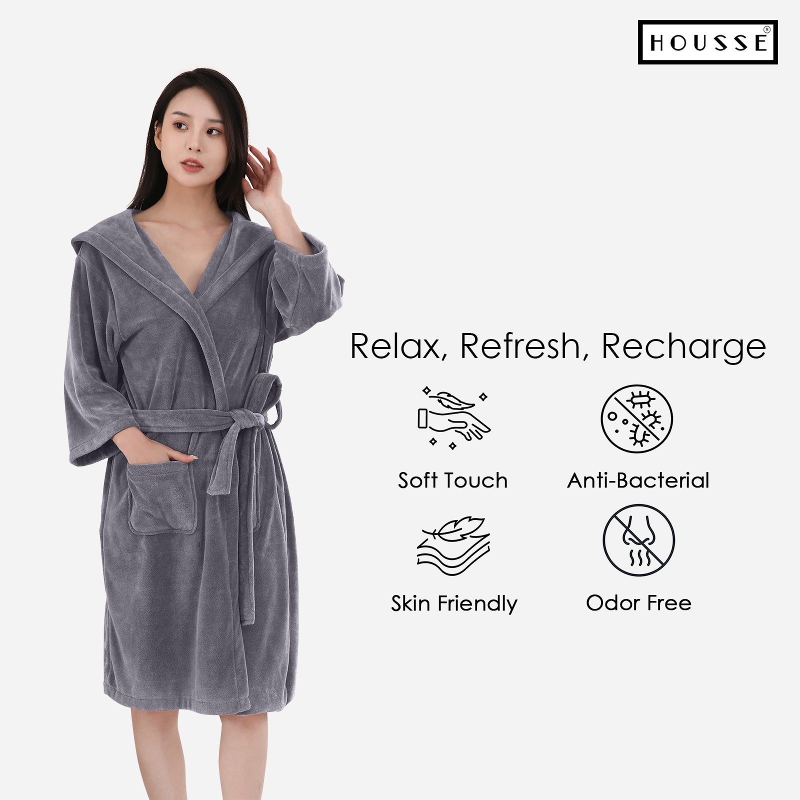 HOUSSE Bathrobe | 450 GSM Microfiber Bathrobe For Women & Men | Super Soft Bathrobe With Hoodie And Belt | Highly Absorbent, Lightweight & Warm | 102 cm Long | Size-L | Pack of 1