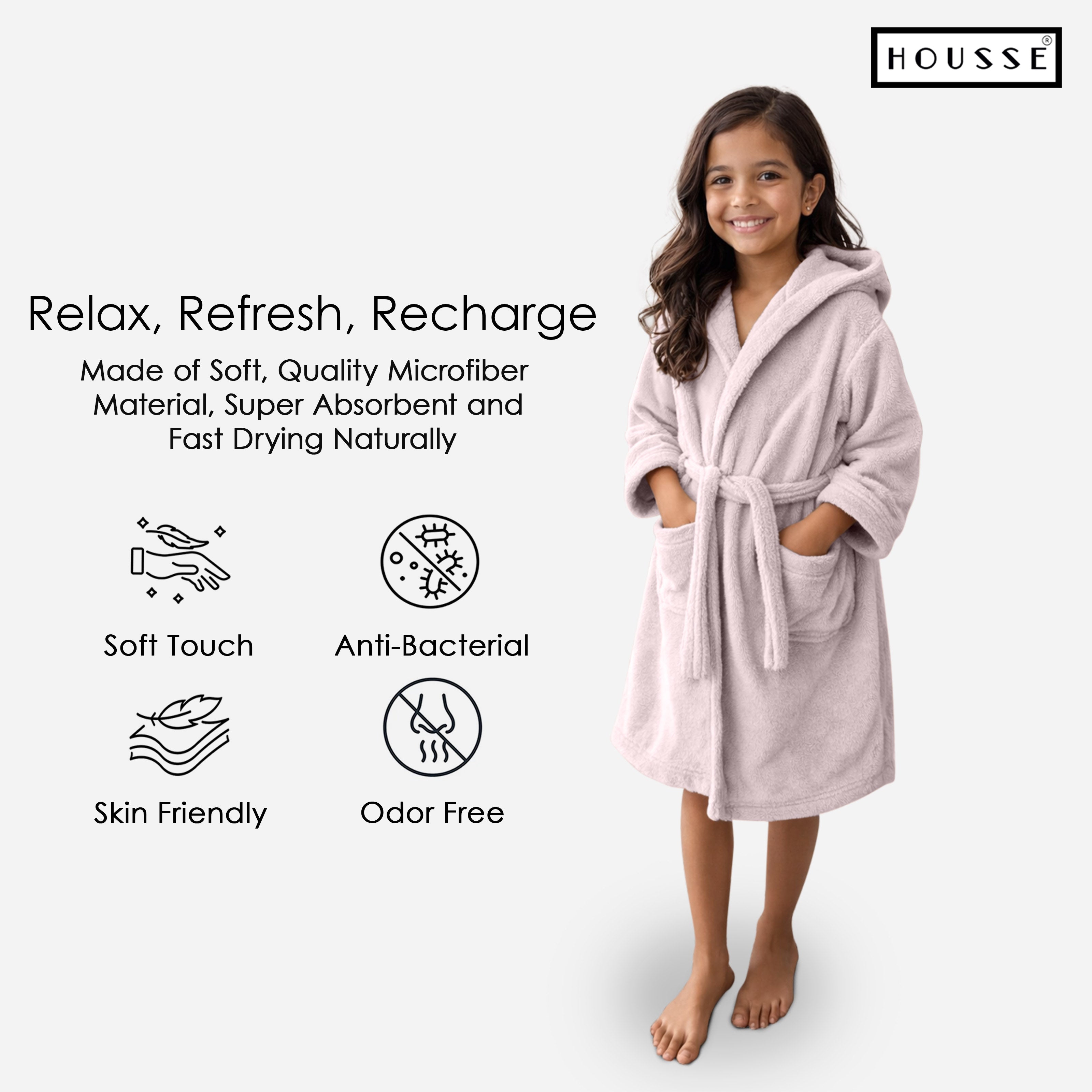 HOUSSE Bathrobe | 450 GSM Microfiber Solid Bathrobes for Kids | Solid Bathrobes, Highly Absorbent, Super Soft Bathrobe With Hoodie And Belt | Lightweight & Warm | 102 cm Long | Size-L | Pack of 1