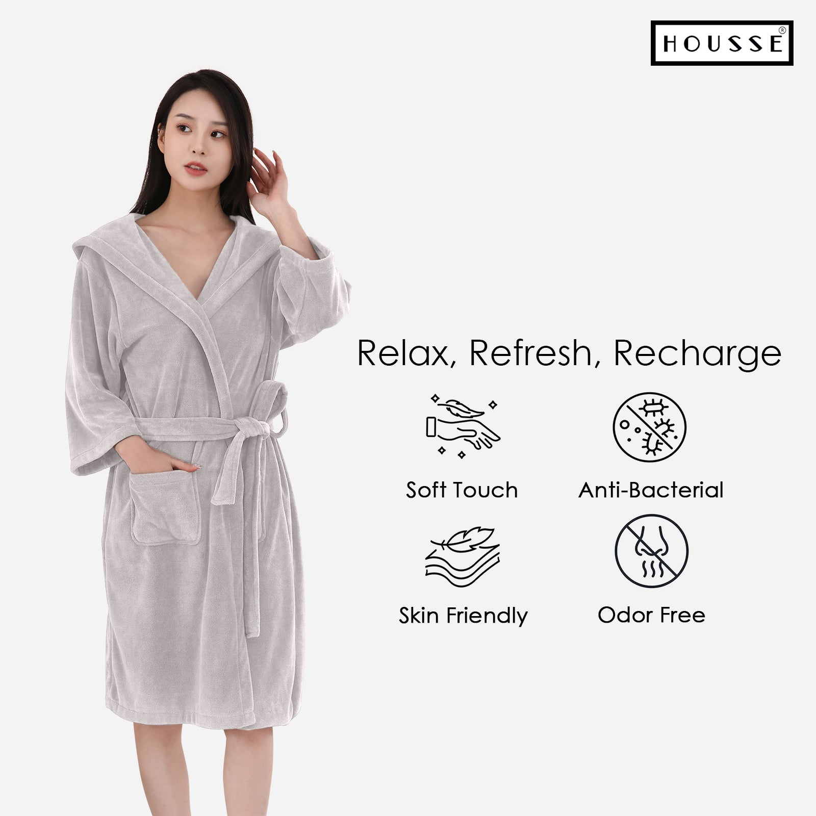 HOUSSE Bathrobe | 450 GSM Microfiber Bathrobe For Women & Men | Super Soft Bathrobe With Hoodie And Belt | Highly Absorbent, Lightweight & Warm | 102 cm Long | Size-L | Pack of 1
