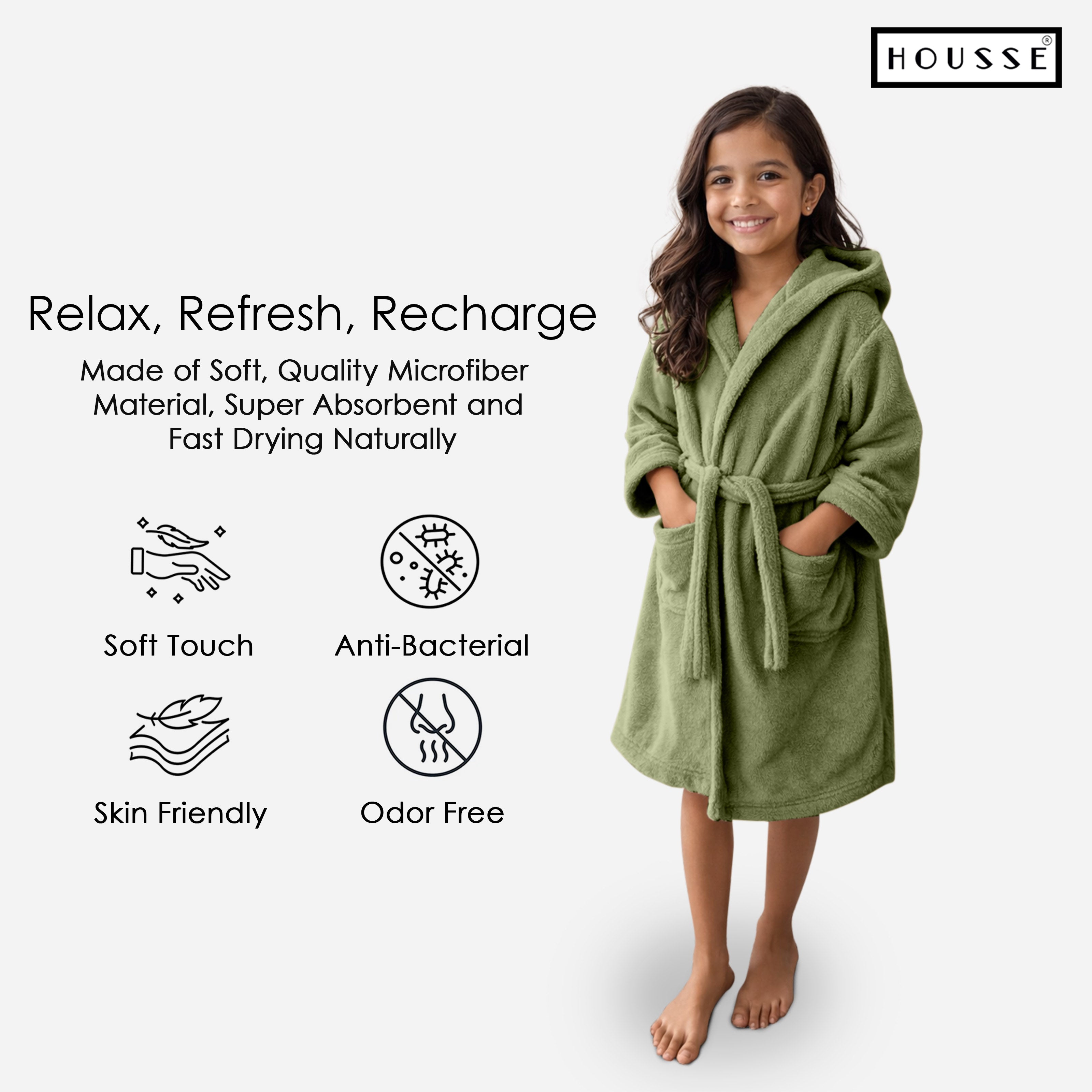 HOUSSE Bathrobe | 450 GSM Microfiber Solid Bathrobes for Kids | Solid Bathrobes, Highly Absorbent, Super Soft Bathrobe With Hoodie And Belt | Lightweight & Warm | 102 cm Long | Size-L | Pack of 1