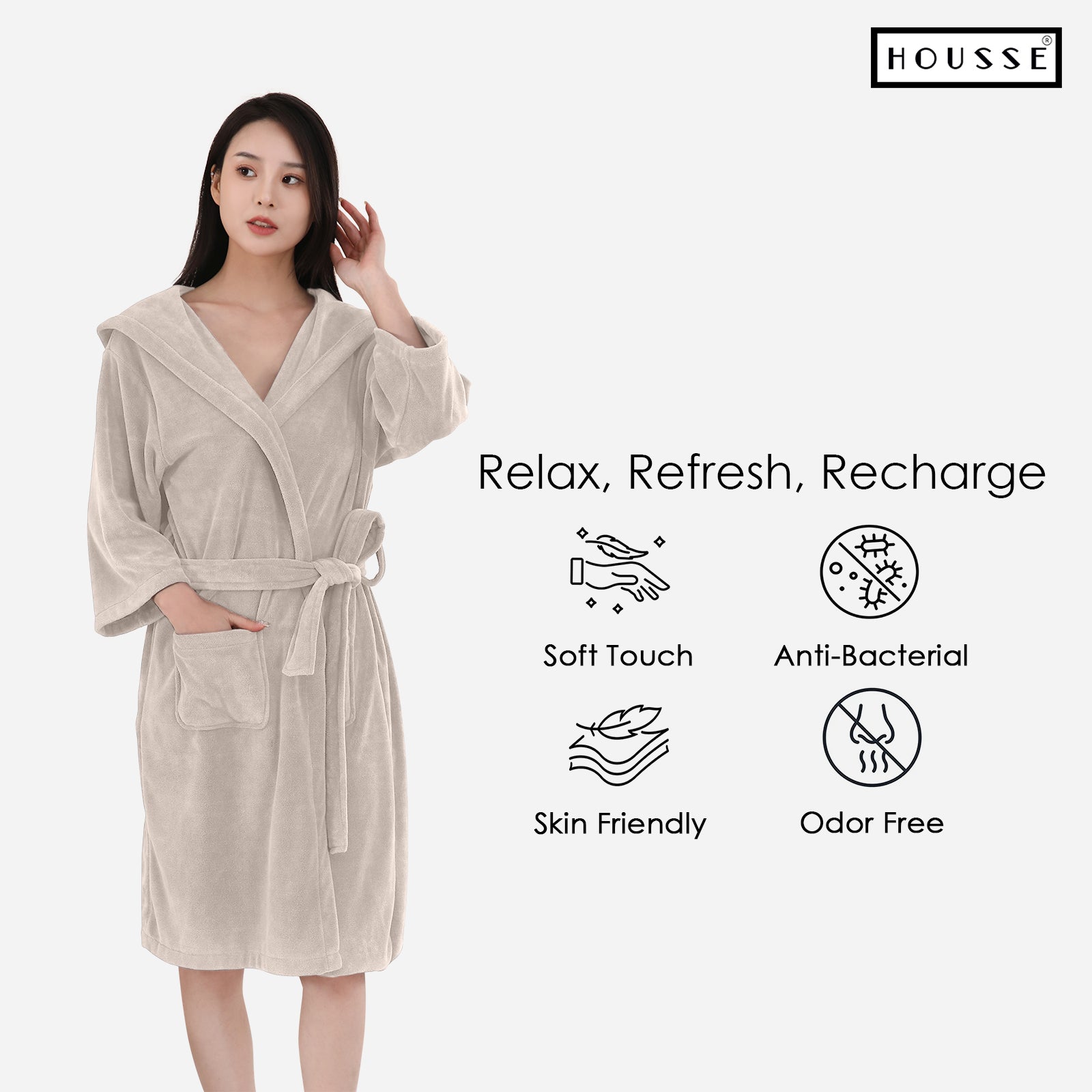 HOUSSE Bathrobe | 450 GSM Microfiber Bathrobe For Women & Men | Super Soft Bathrobe With Hoodie And Belt | Highly Absorbent, Lightweight & Warm | 102 cm Long | Size-L | Pack of 1