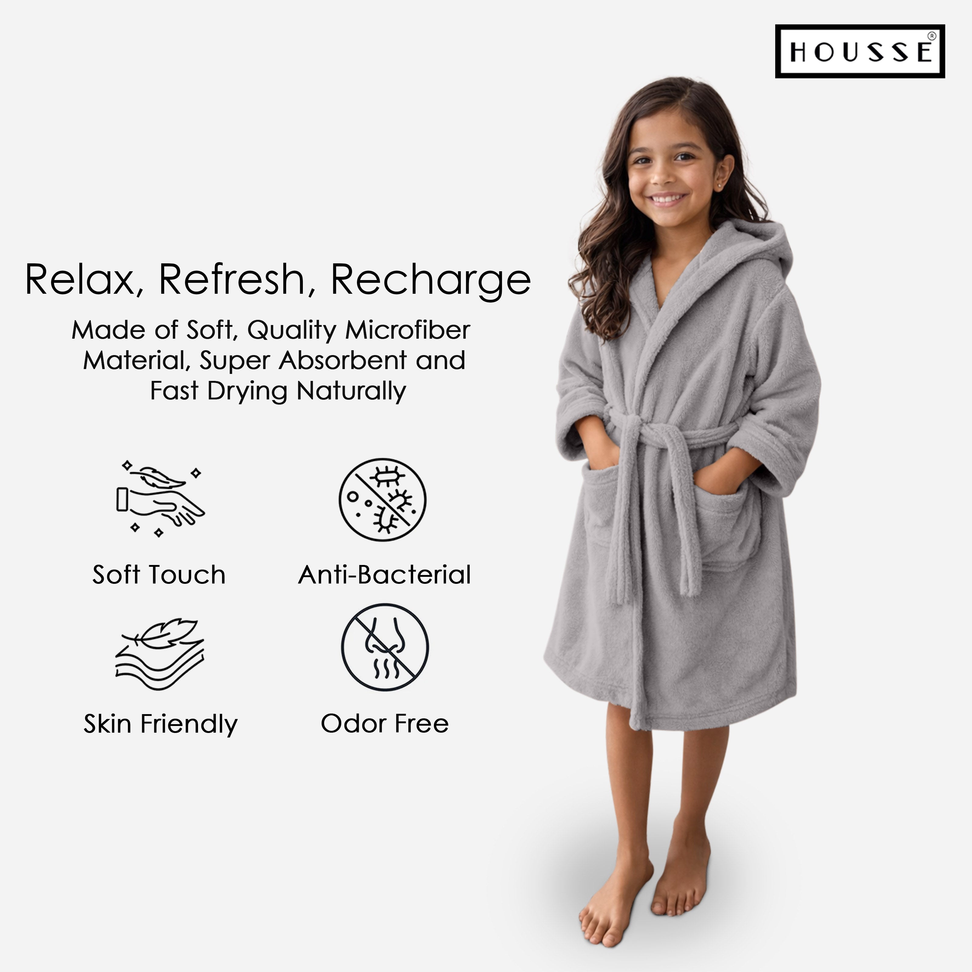 HOUSSE Bathrobe | 450 GSM Microfiber Solid Bathrobes for Kids | Solid Bathrobes, Highly Absorbent, Super Soft Bathrobe With Hoodie And Belt | Lightweight & Warm | 102 cm Long | Size-L | Pack of 1