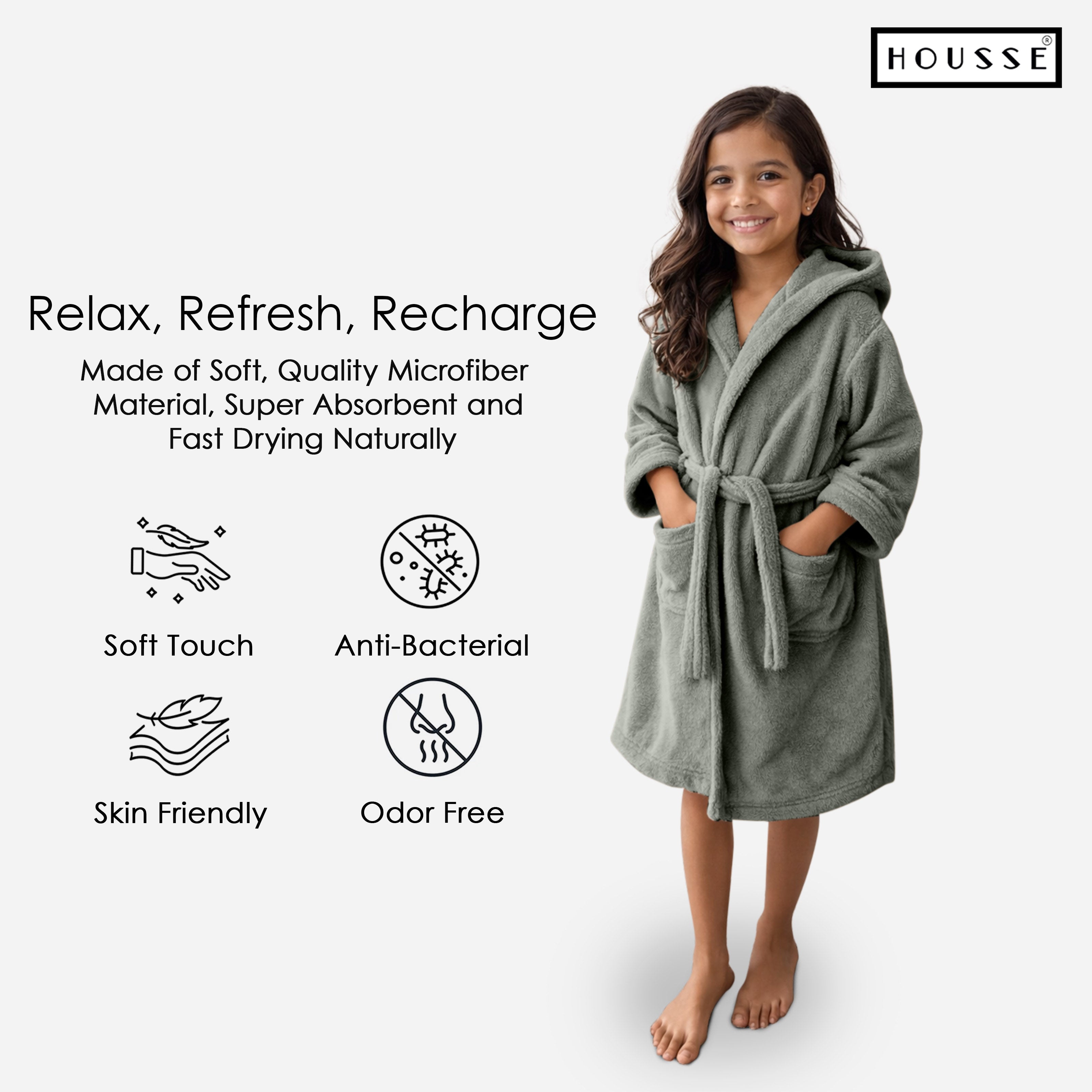 HOUSSE Bathrobe | 450 GSM Microfiber Solid Bathrobes for Kids | Solid Bathrobes, Highly Absorbent, Super Soft Bathrobe With Hoodie And Belt | Lightweight & Warm | 102 cm Long | Size-L | Pack of 1