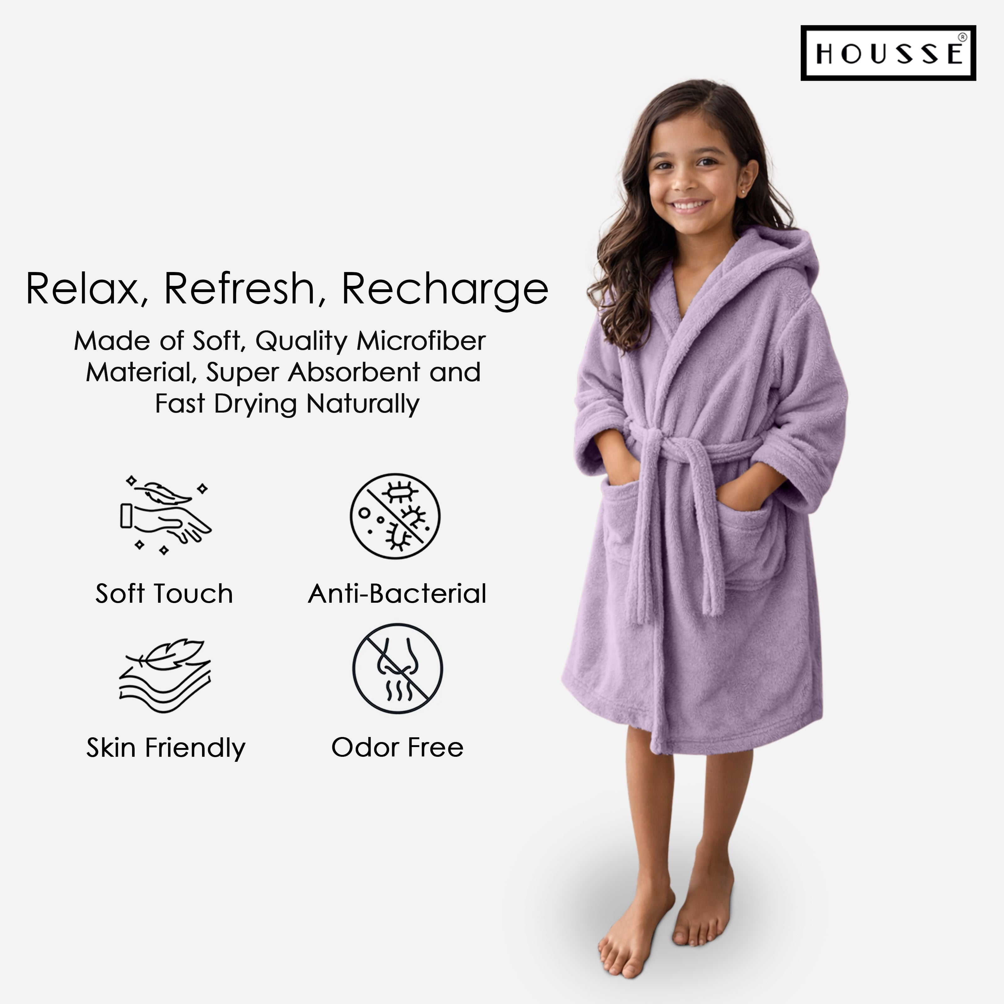 HOUSSE Bathrobe | 450 GSM Microfiber Solid Bathrobes for Kids | Solid Bathrobes, Highly Absorbent, Super Soft Bathrobe With Hoodie And Belt | Lightweight & Warm | 102 cm Long | Size-L | Pack of 1