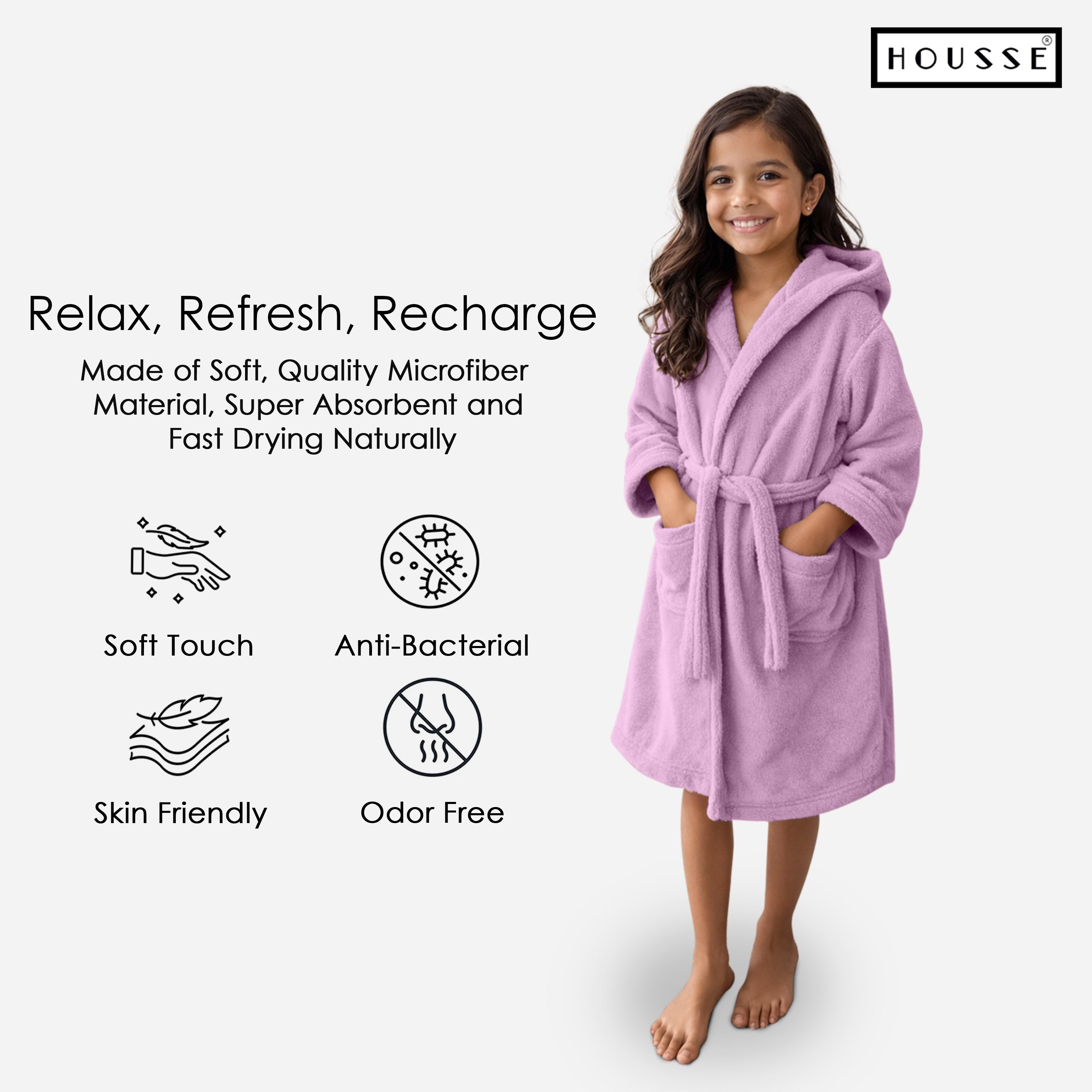 HOUSSE Bathrobe | 450 GSM Microfiber Solid Bathrobes for Kids | Solid Bathrobes, Highly Absorbent, Super Soft Bathrobe With Hoodie And Belt | Lightweight & Warm | 102 cm Long | Size-L | Pack of 1