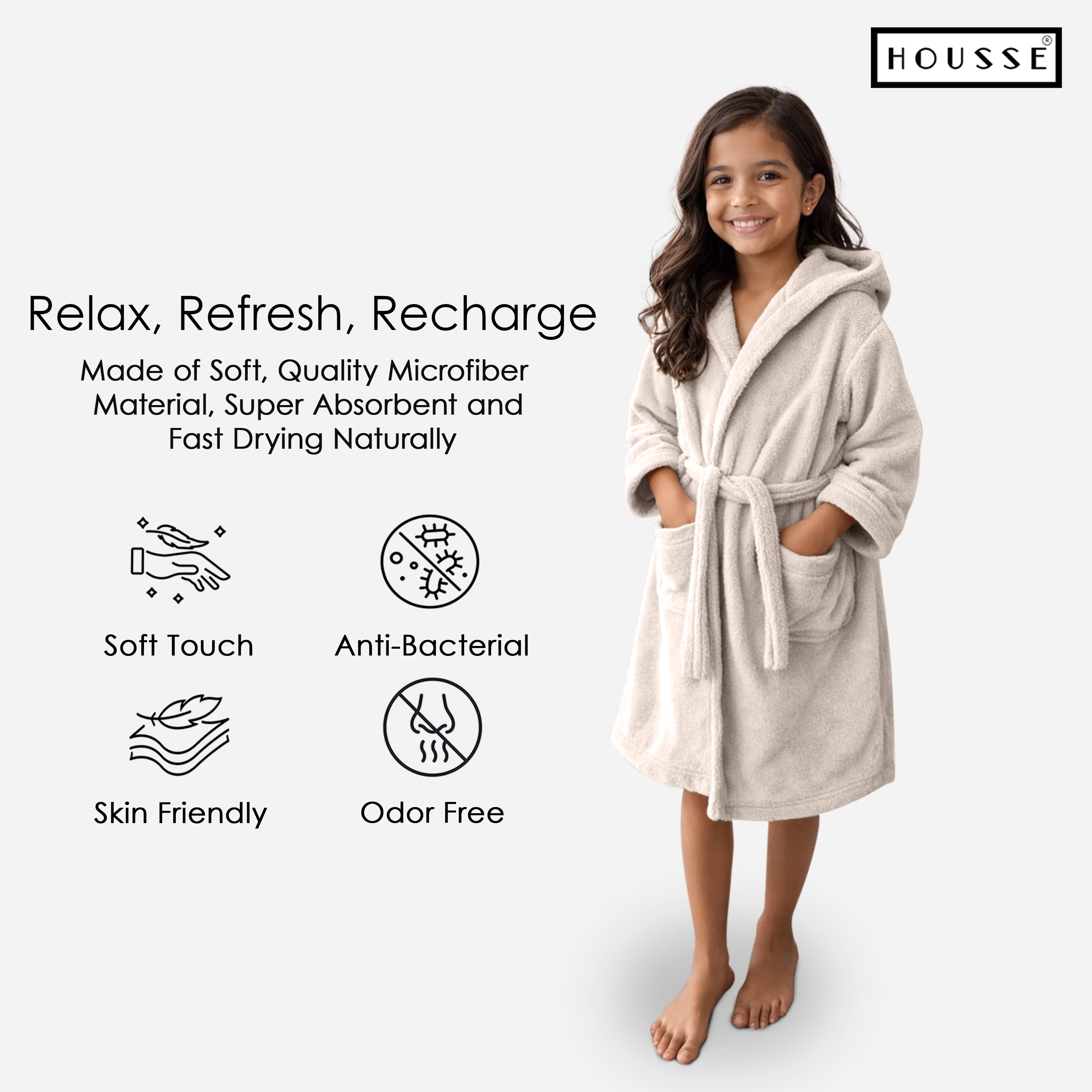 HOUSSE Bathrobe | 450 GSM Microfiber Solid Bathrobes for Kids | Solid Bathrobes, Highly Absorbent, Super Soft Bathrobe With Hoodie And Belt | Lightweight & Warm | 102 cm Long | Size-L | Pack of 1