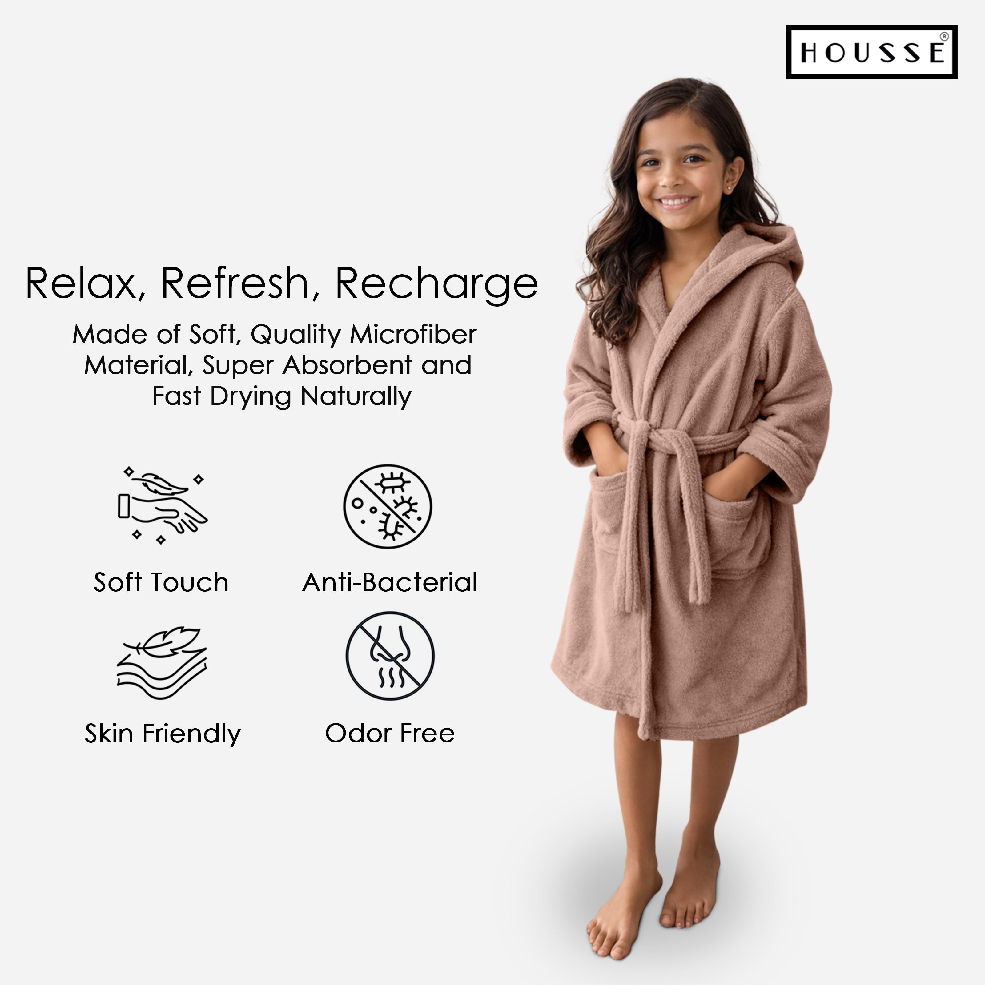HOUSSE Bathrobe | 450 GSM Microfiber Solid Bathrobes for Kids | Solid Bathrobes, Highly Absorbent, Super Soft Bathrobe With Hoodie And Belt | Lightweight & Warm | 102 cm Long | Size-L | Pack of 1