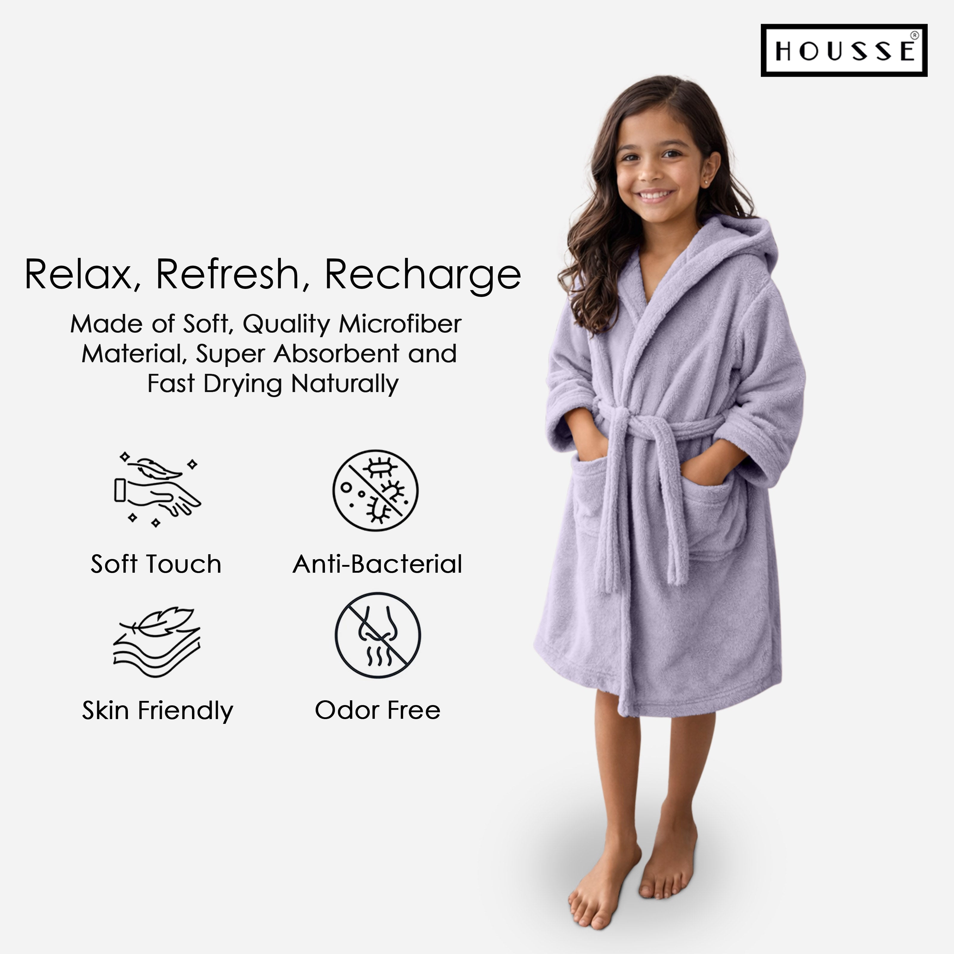 HOUSSE Bathrobe | 450 GSM Microfiber Solid Bathrobes for Kids | Solid Bathrobes, Highly Absorbent, Super Soft Bathrobe With Hoodie And Belt | Lightweight & Warm | 102 cm Long | Size-L | Pack of 1
