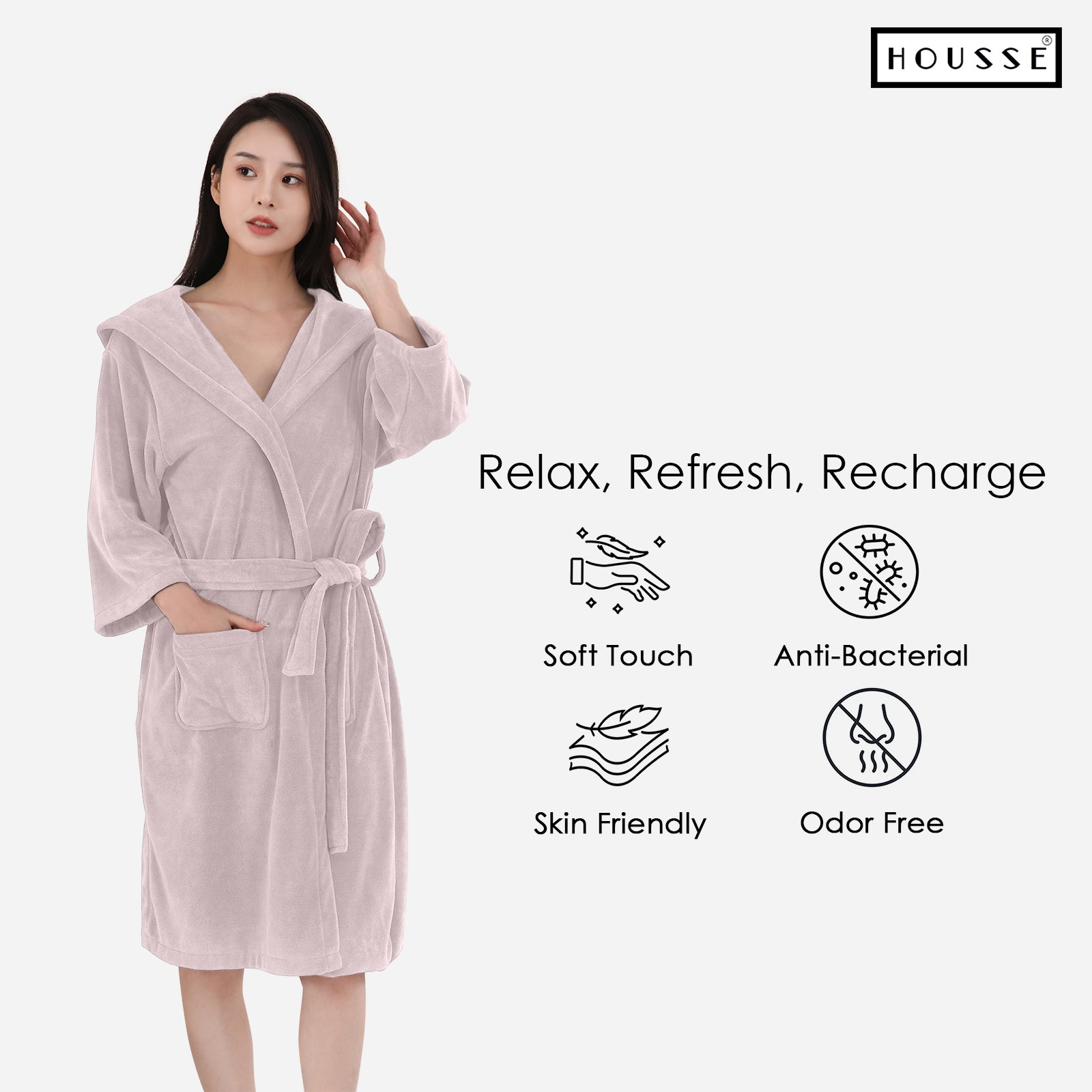 HOUSSE Bathrobe | 450 GSM Microfiber Bathrobe For Women & Men | Super Soft Bathrobe With Hoodie And Belt | Highly Absorbent, Lightweight & Warm | 102 cm Long | Size-L | Pack of 1