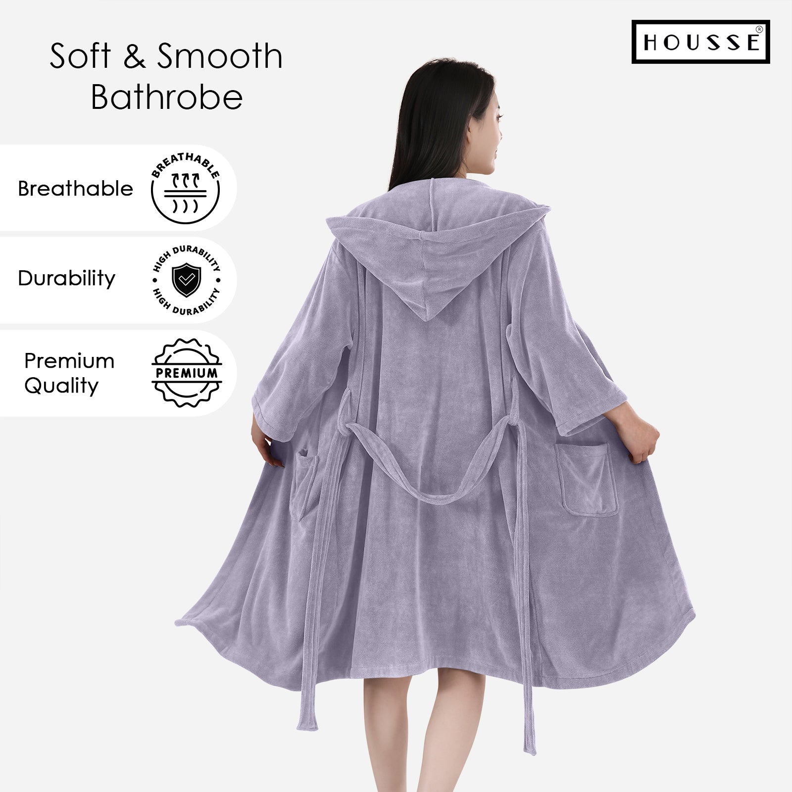 HOUSSE Bathrobe | 450 GSM Microfiber Bathrobe For Women & Men | Super Soft Bathrobe With Hoodie And Belt | Highly Absorbent, Lightweight & Warm | 102 cm Long | Size-L | Pack of 1