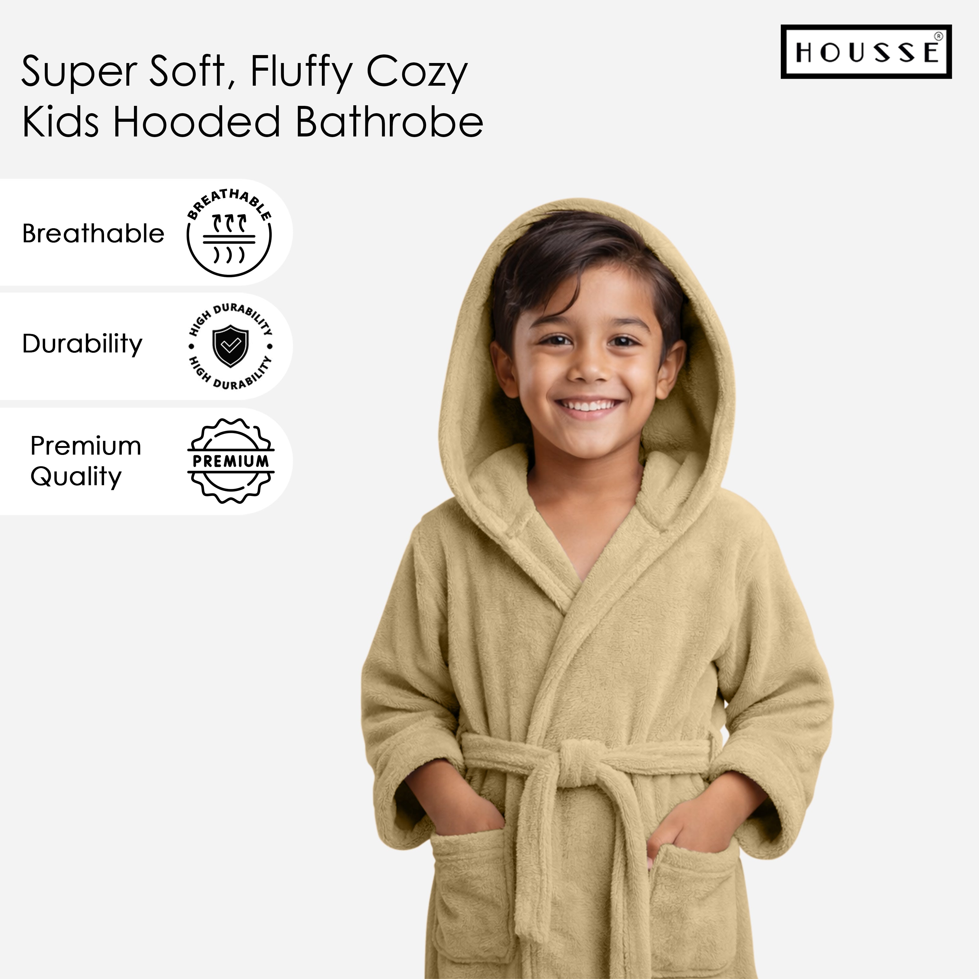 HOUSSE Bathrobe | 450 GSM Microfiber Solid Bathrobes for Kids | Solid Bathrobes, Highly Absorbent, Super Soft Bathrobe With Hoodie And Belt | Lightweight & Warm | 102 cm Long | Size-L | Pack of 1