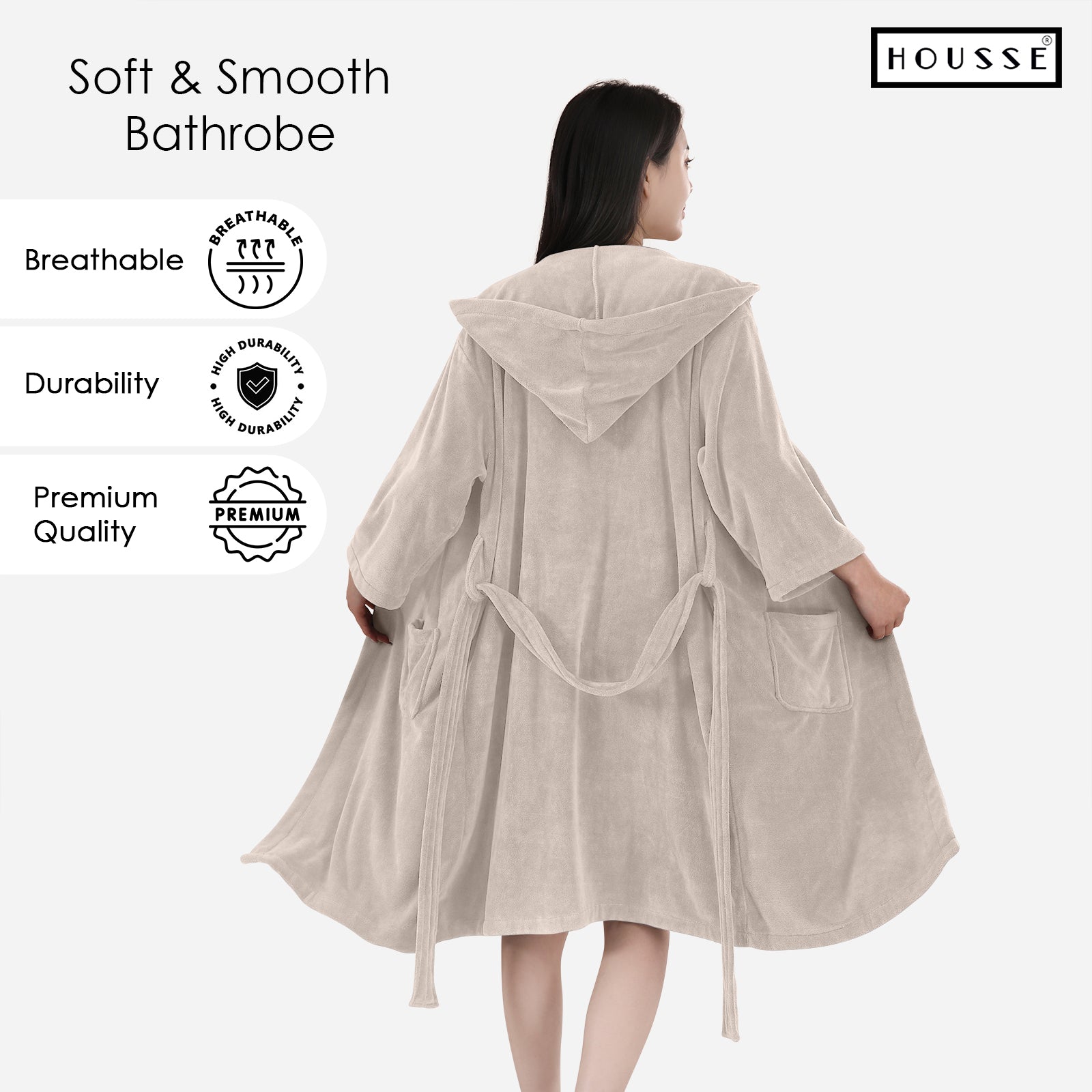 HOUSSE Bathrobe | 450 GSM Microfiber Bathrobe For Women & Men | Super Soft Bathrobe With Hoodie And Belt | Highly Absorbent, Lightweight & Warm | 102 cm Long | Size-L | Pack of 1
