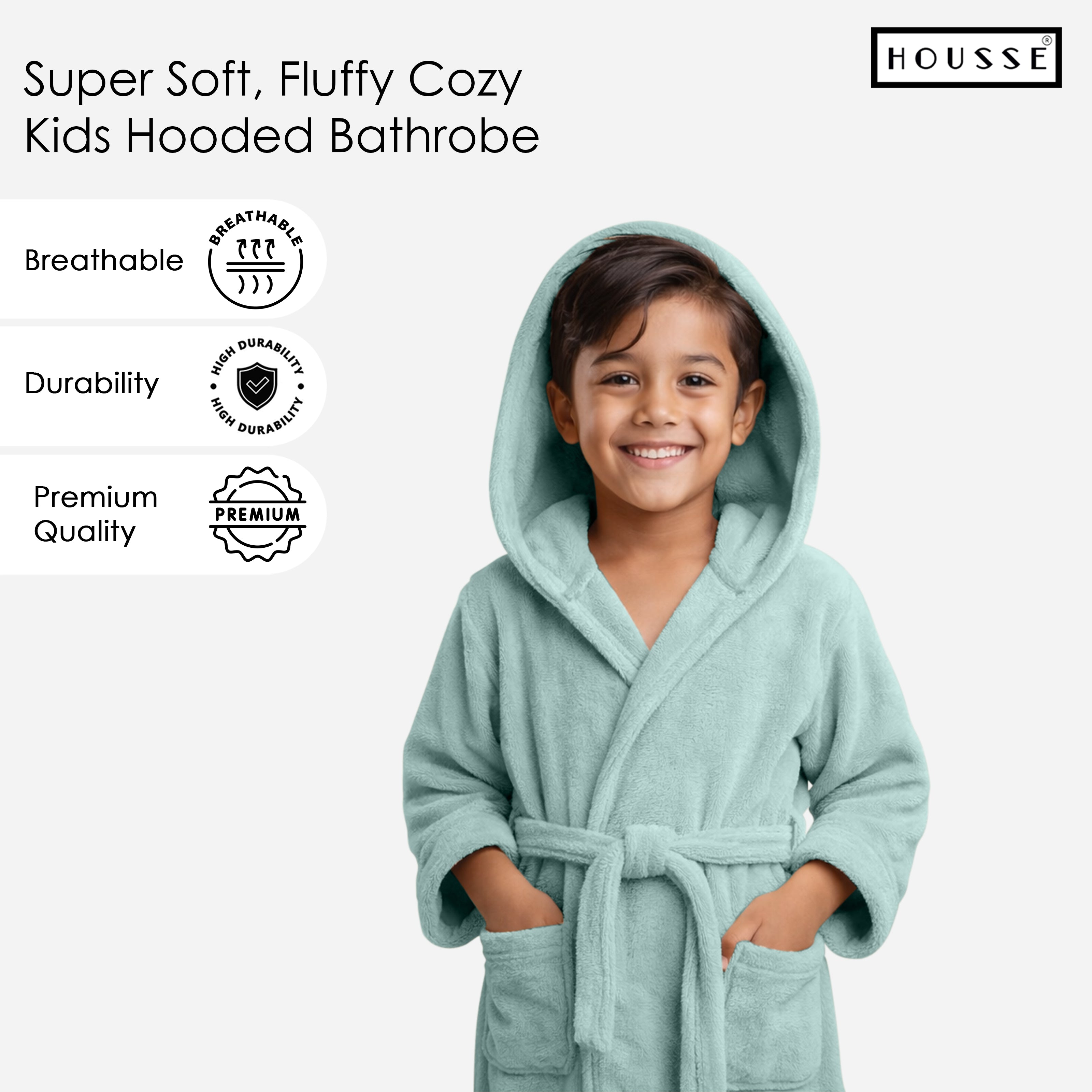 HOUSSE Bathrobe | 450 GSM Microfiber Solid Bathrobes for Kids | Solid Bathrobes, Highly Absorbent, Super Soft Bathrobe With Hoodie And Belt | Lightweight & Warm | 102 cm Long | Size-L | Pack of 1
