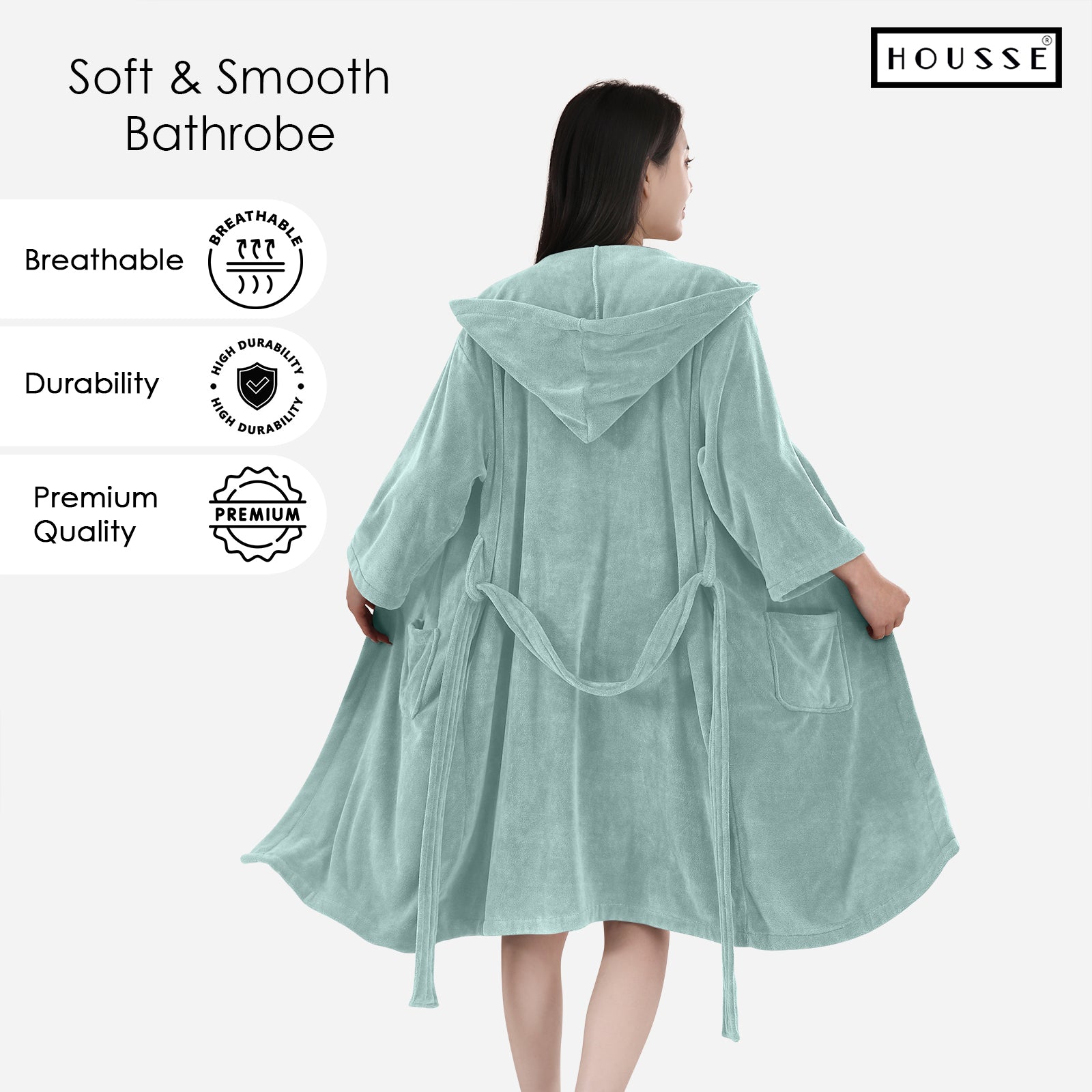 HOUSSE Bathrobe | 450 GSM Microfiber Bathrobe For Women & Men | Super Soft Bathrobe With Hoodie And Belt | Highly Absorbent, Lightweight & Warm | 102 cm Long | Size-L | Pack of 1