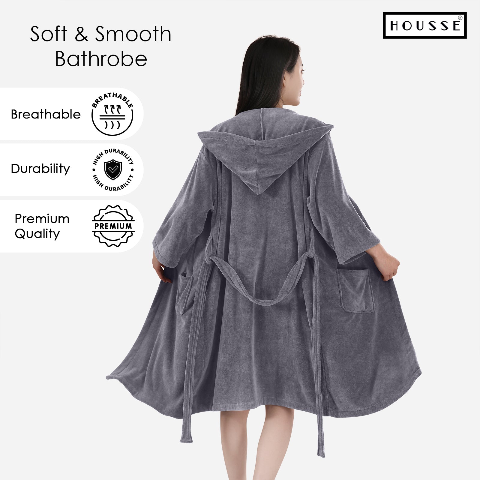 HOUSSE Bathrobe | 450 GSM Microfiber Bathrobe For Women & Men | Super Soft Bathrobe With Hoodie And Belt | Highly Absorbent, Lightweight & Warm | 102 cm Long | Size-L | Pack of 1