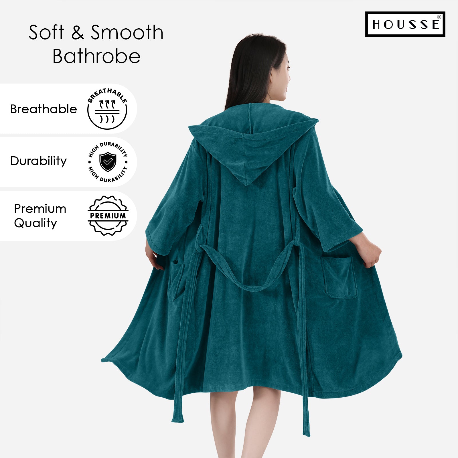HOUSSE Bathrobe | 450 GSM Microfiber Bathrobe For Women & Men | Super Soft Bathrobe With Hoodie And Belt | Highly Absorbent, Lightweight & Warm | 102 cm Long | Size-L | Pack of 1