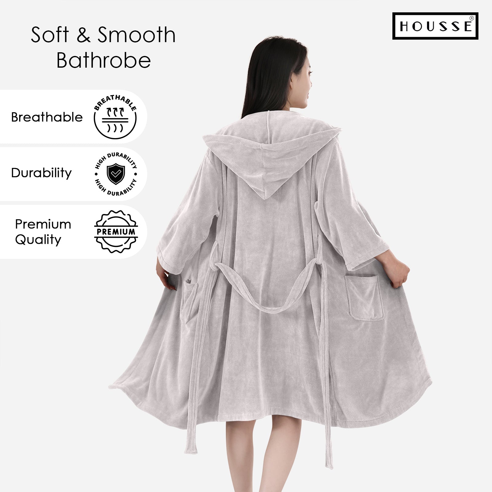 HOUSSE Bathrobe | 450 GSM Microfiber Bathrobe For Women & Men | Super Soft Bathrobe With Hoodie And Belt | Highly Absorbent, Lightweight & Warm | 102 cm Long | Size-L | Pack of 1