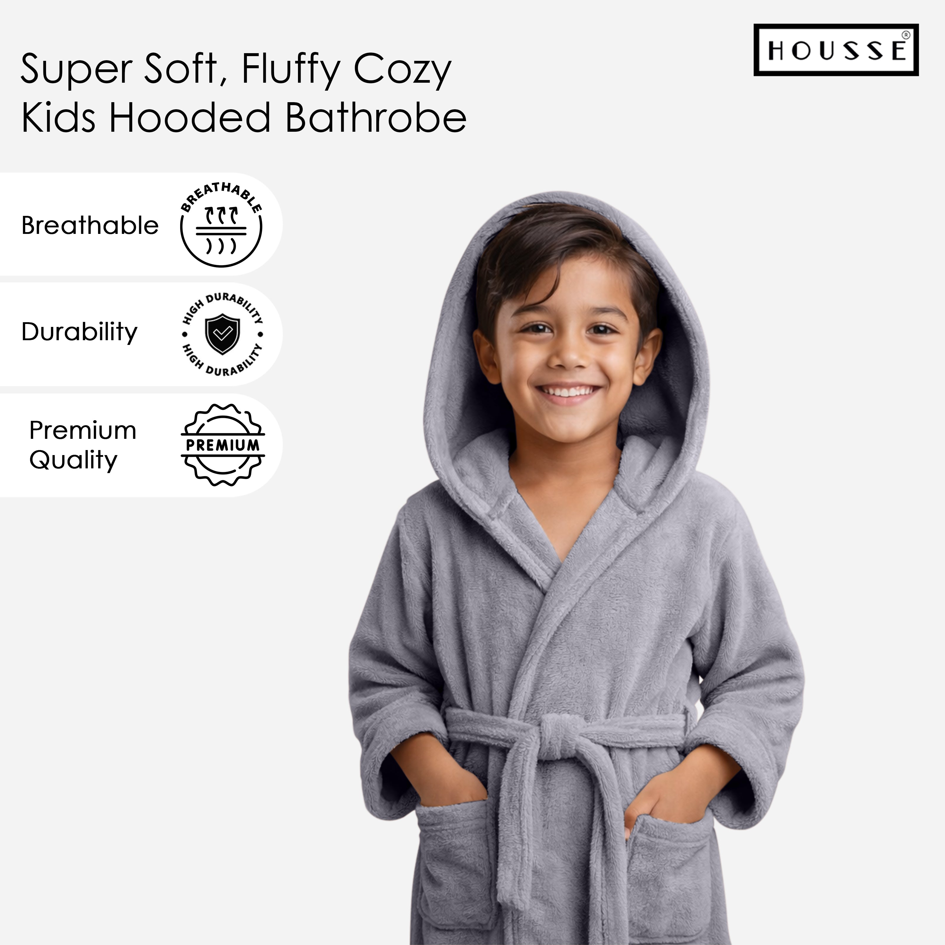 HOUSSE Bathrobe | 450 GSM Microfiber Solid Bathrobes for Kids | Solid Bathrobes, Highly Absorbent, Super Soft Bathrobe With Hoodie And Belt | Lightweight & Warm | 102 cm Long | Size-L | Pack of 1