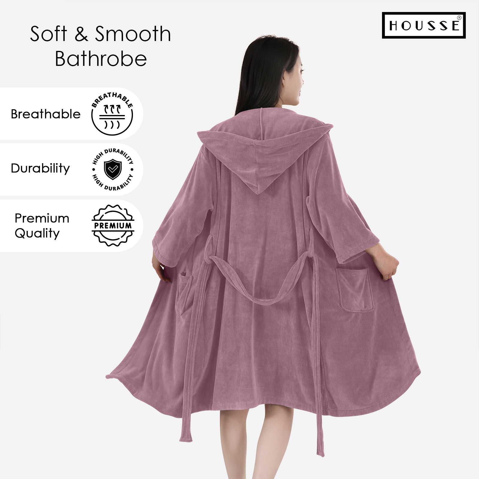 HOUSSE Bathrobe | 450 GSM Microfiber Bathrobe For Women & Men | Super Soft Bathrobe With Hoodie And Belt | Highly Absorbent, Lightweight & Warm | 102 cm Long | Size-L | Pack of 1