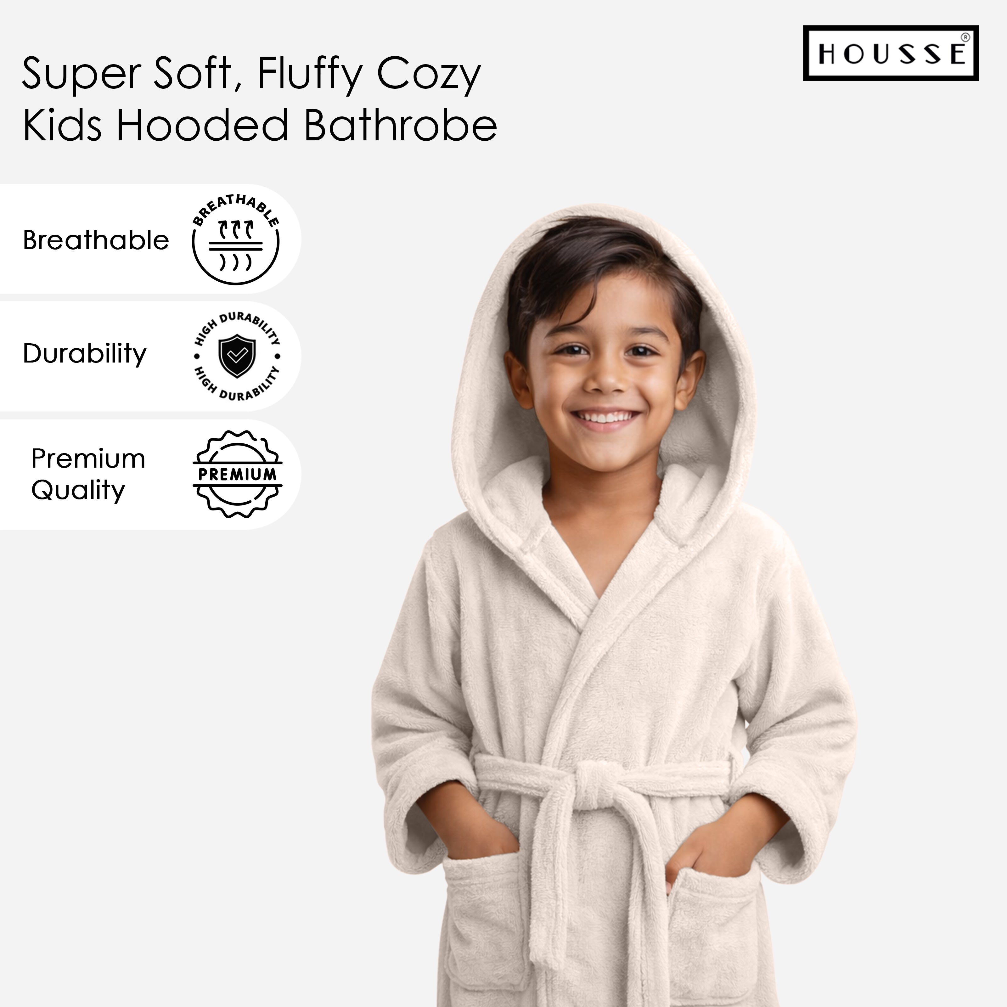 HOUSSE Bathrobe | 450 GSM Microfiber Solid Bathrobes for Kids | Solid Bathrobes, Highly Absorbent, Super Soft Bathrobe With Hoodie And Belt | Lightweight & Warm | 102 cm Long | Size-L | Pack of 1
