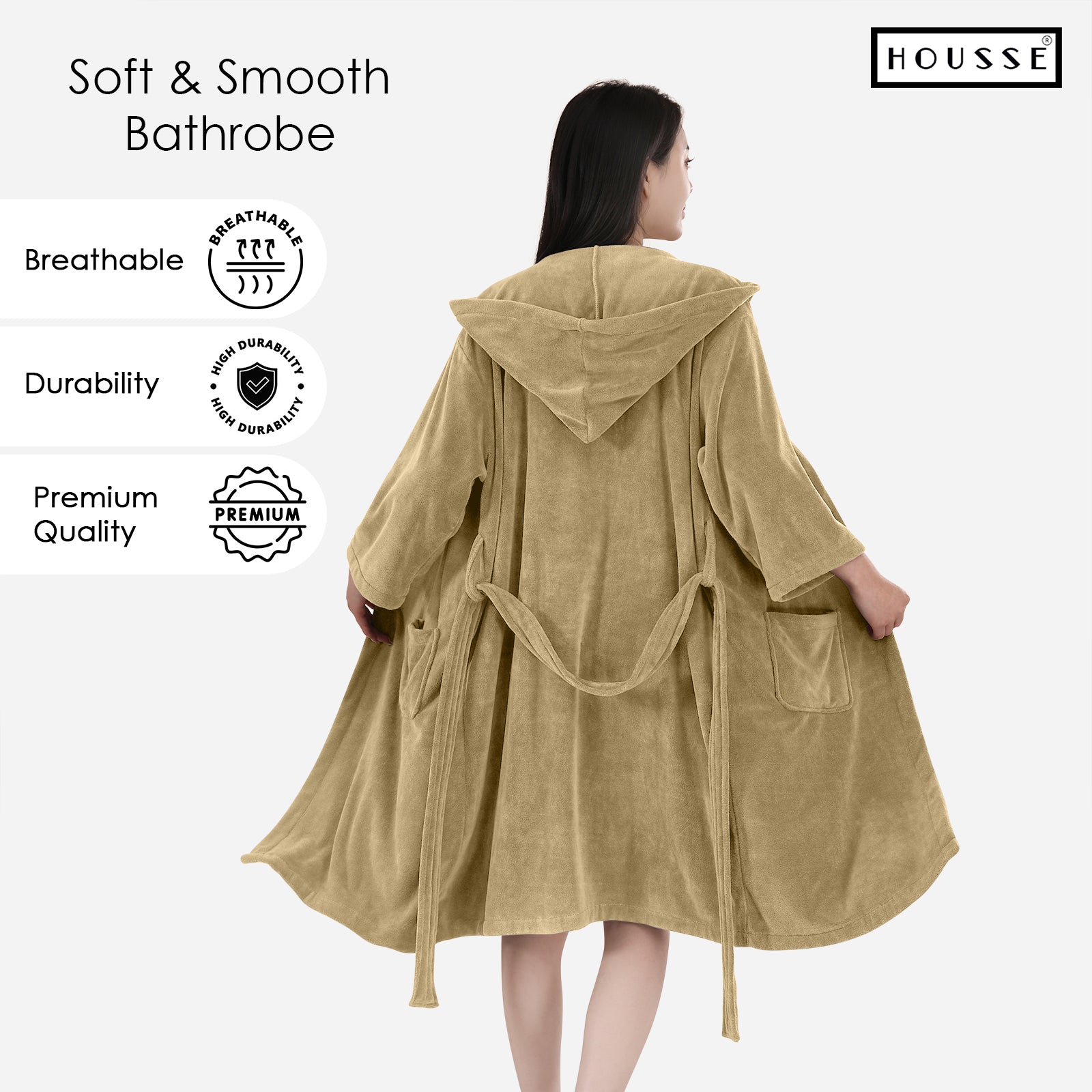 HOUSSE Bathrobe | 450 GSM Microfiber Bathrobe For Women & Men | Super Soft Bathrobe With Hoodie And Belt | Highly Absorbent, Lightweight & Warm | 102 cm Long | Size-L | Pack of 1