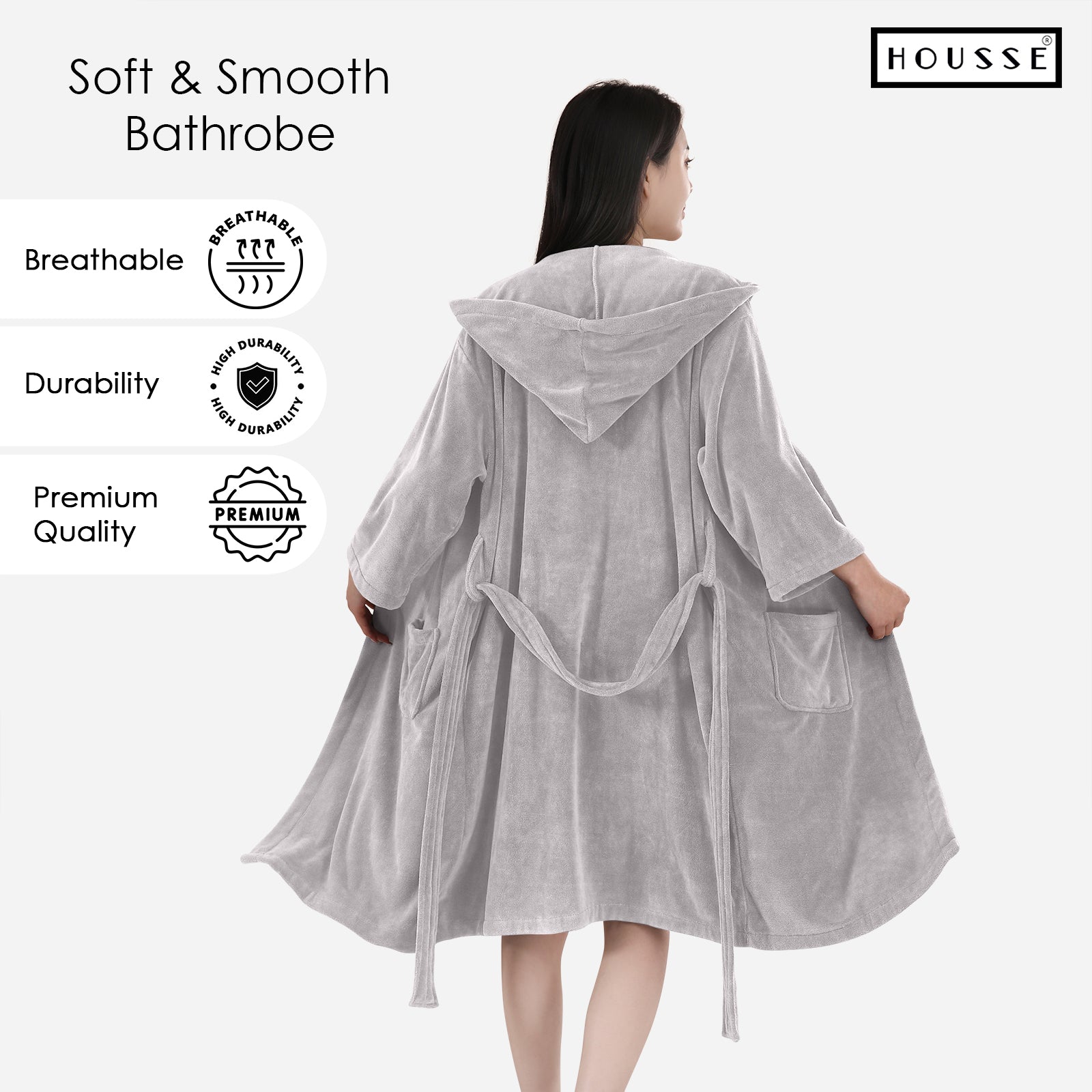 HOUSSE Bathrobe | 450 GSM Microfiber Bathrobe For Women & Men | Super Soft Bathrobe With Hoodie And Belt | Highly Absorbent, Lightweight & Warm | 102 cm Long | Size-L | Pack of 1