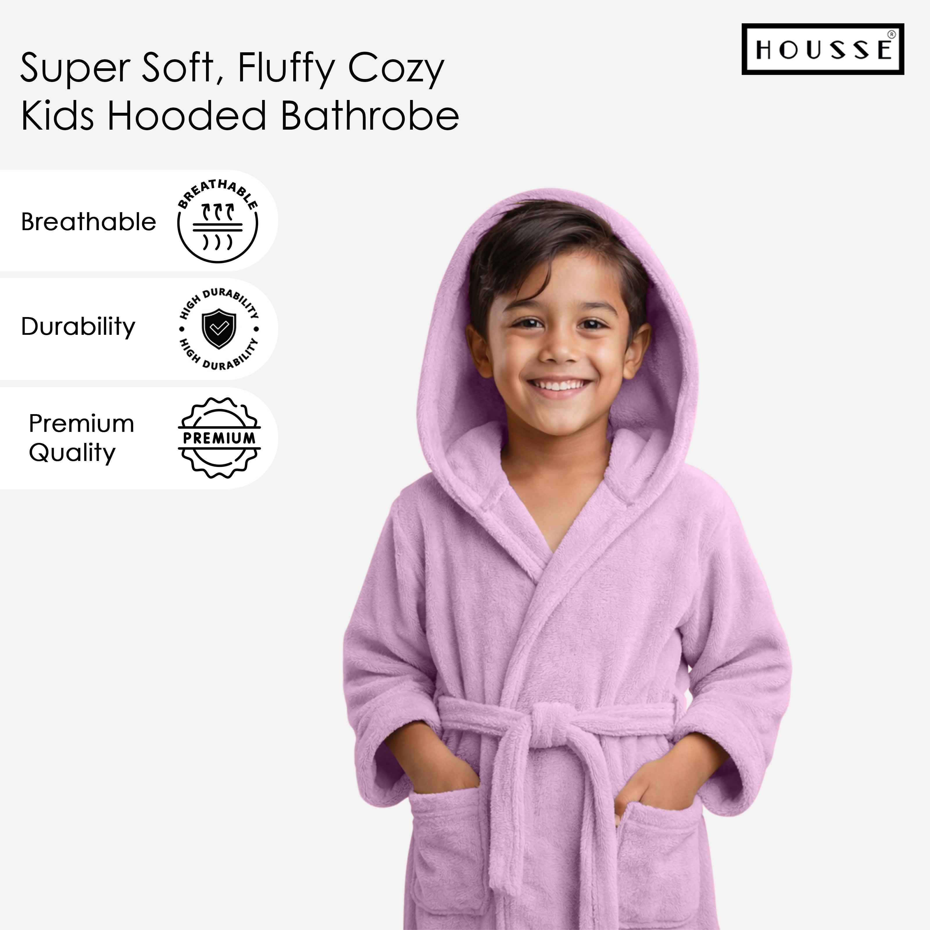 HOUSSE Bathrobe | 450 GSM Microfiber Solid Bathrobes for Kids | Solid Bathrobes, Highly Absorbent, Super Soft Bathrobe With Hoodie And Belt | Lightweight & Warm | 102 cm Long | Size-L | Pack of 1