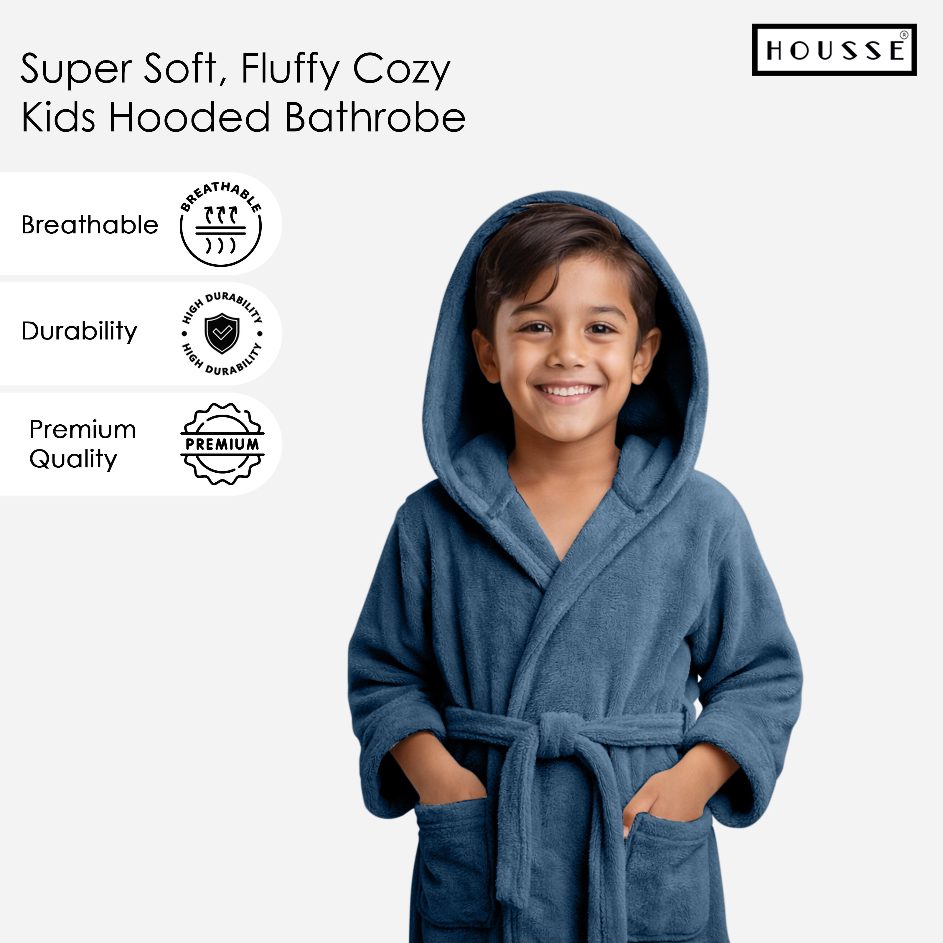 HOUSSE Bathrobe | 450 GSM Microfiber Solid Bathrobes for Kids | Solid Bathrobes, Highly Absorbent, Super Soft Bathrobe With Hoodie And Belt | Lightweight & Warm | 102 cm Long | Size-L | Pack of 1